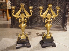 Antique French Bronze and Marble Egyptian Revival Ibis Candelabras, 19th Century