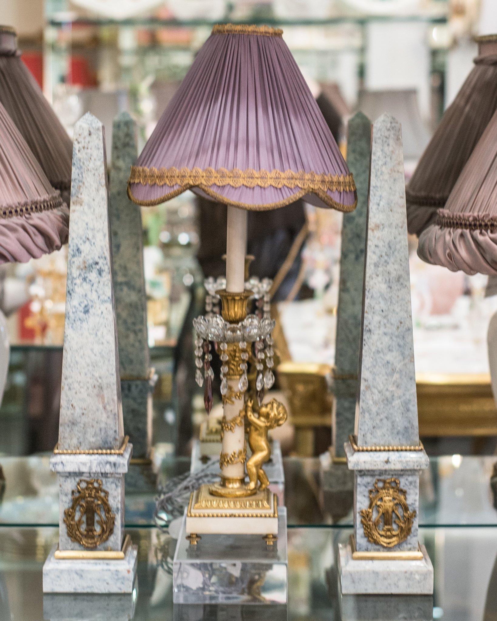 19th Century Antique French Bronze and Marble Lamp with Cherub and Purple Amethyst Drops For Sale