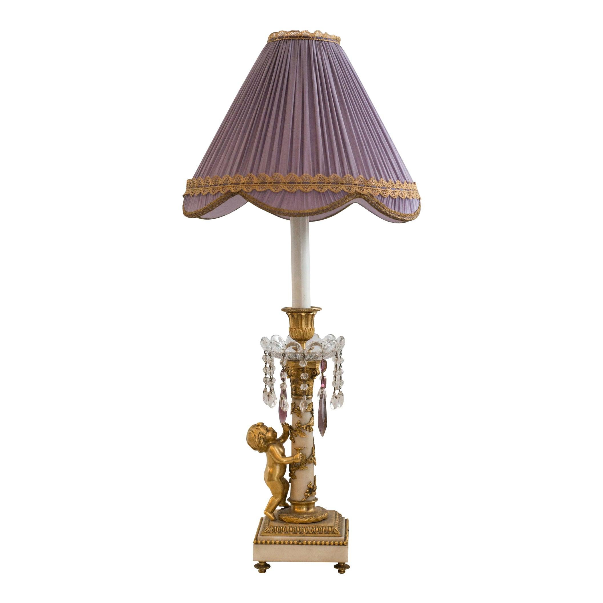 Antique French Bronze and Marble Lamp with Cherub and Purple Amethyst Drops