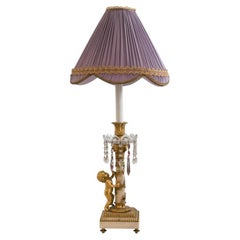 Lámpara Antique French de Bronce y Mármol con Querubín y Gotas de Amatista Violeta