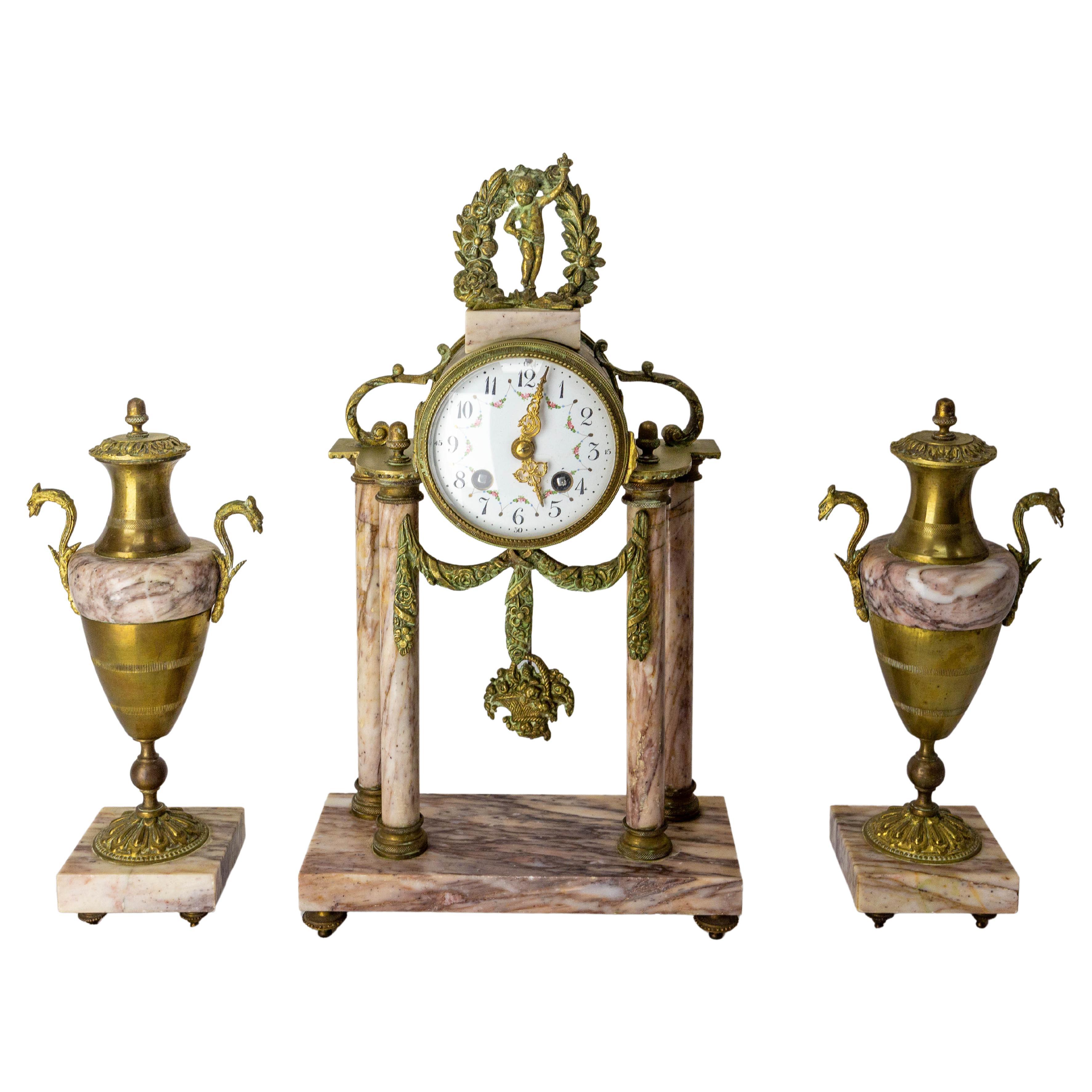 Antique French Bronze and Marble Mantel Set Clock Cherub Putti Napoleon III For Sale