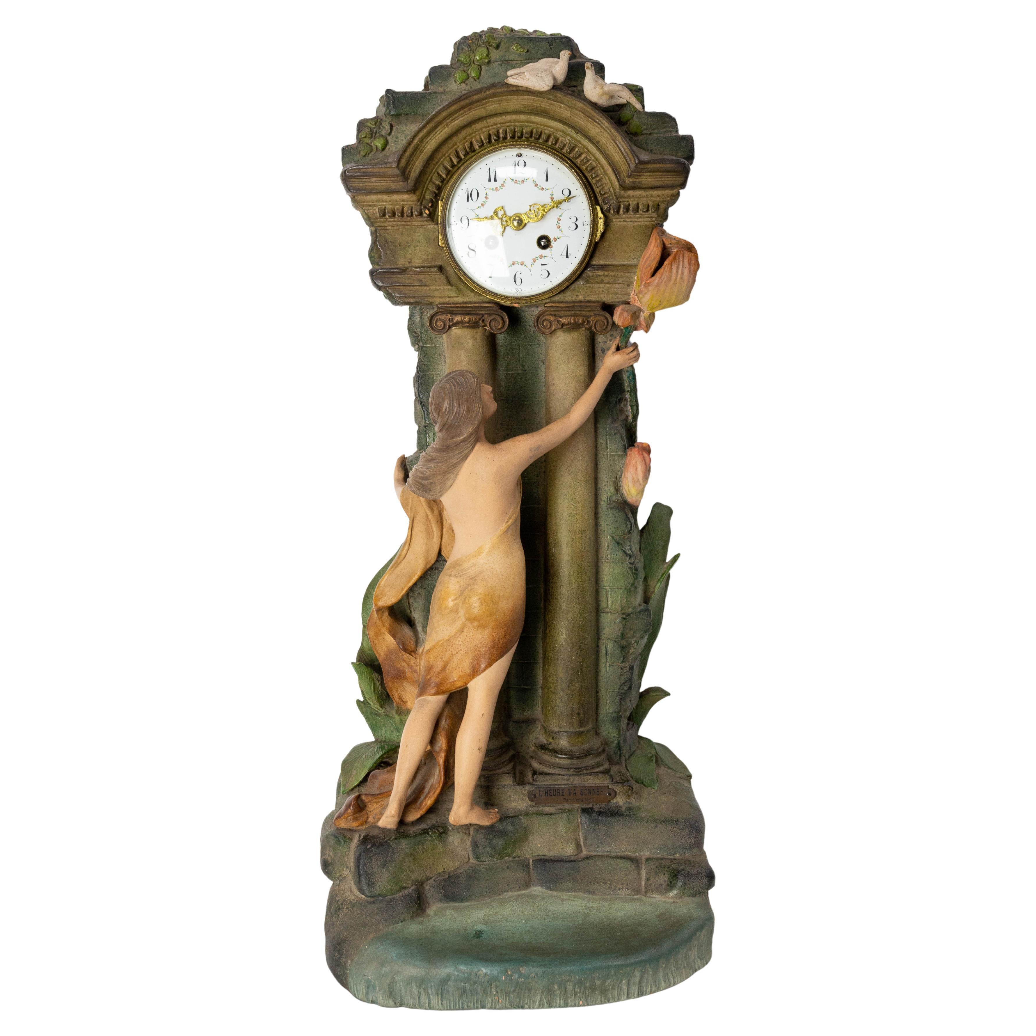 Pendule de cheminée française ancienne en bronze et marbre avec chérubin Putti Napoléon III en vente