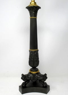 Antique French Bronze and Ormolu Corinthian Column Candlestick Lamp 19th Century