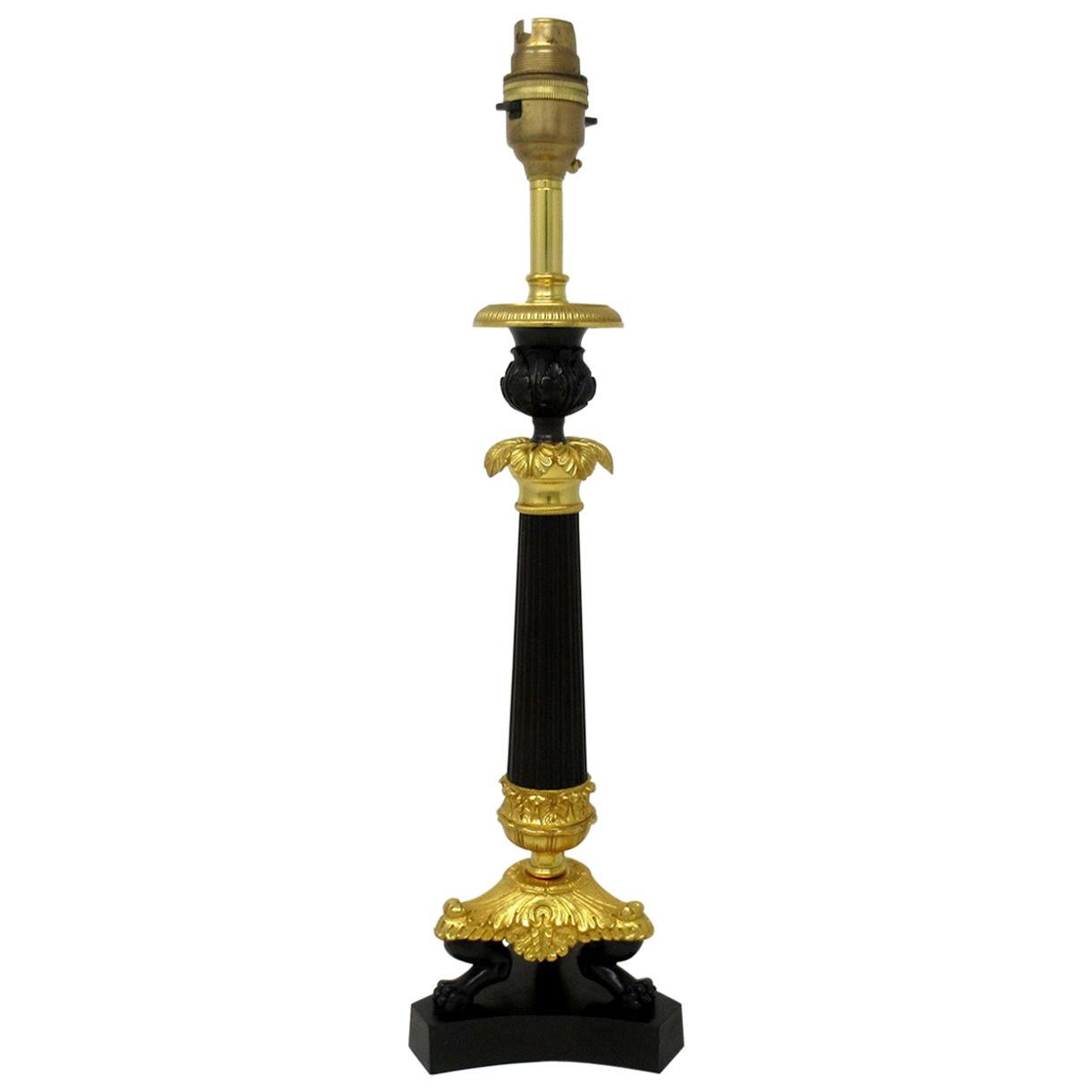 Antique French Bronze and Ormolu Corinthian Column Candlestick Lamp 19th Century