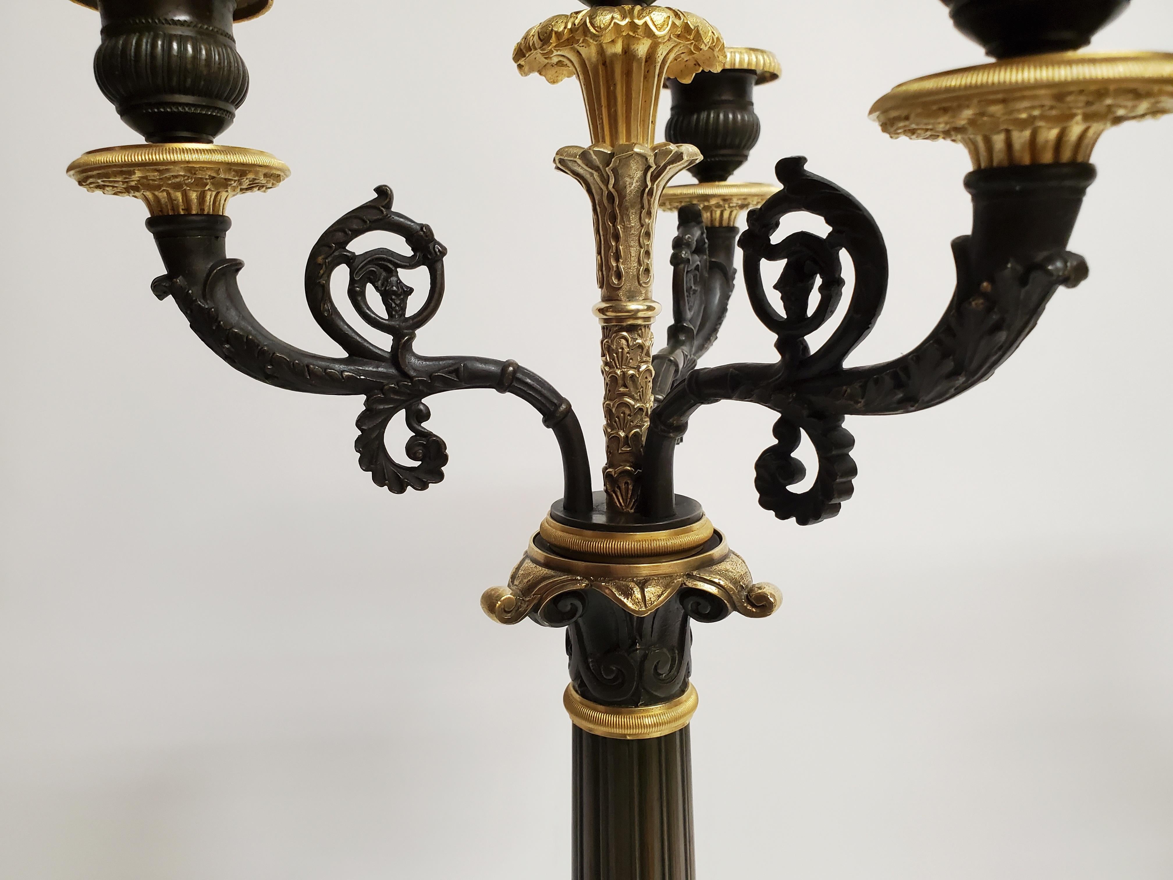 Antique French Bronze and Ormolu Restauration Period Candelabra, circa 1830-1840 In Good Condition For Sale In New Orleans, LA