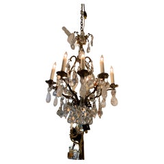 Antique French en bronze et cristal de roche avec cristal clair et 10 bras