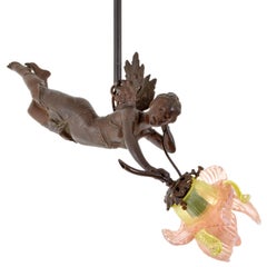 Antique French Bronze Art Nouveau Flying Maiden Chandelier Light Lamp 1900