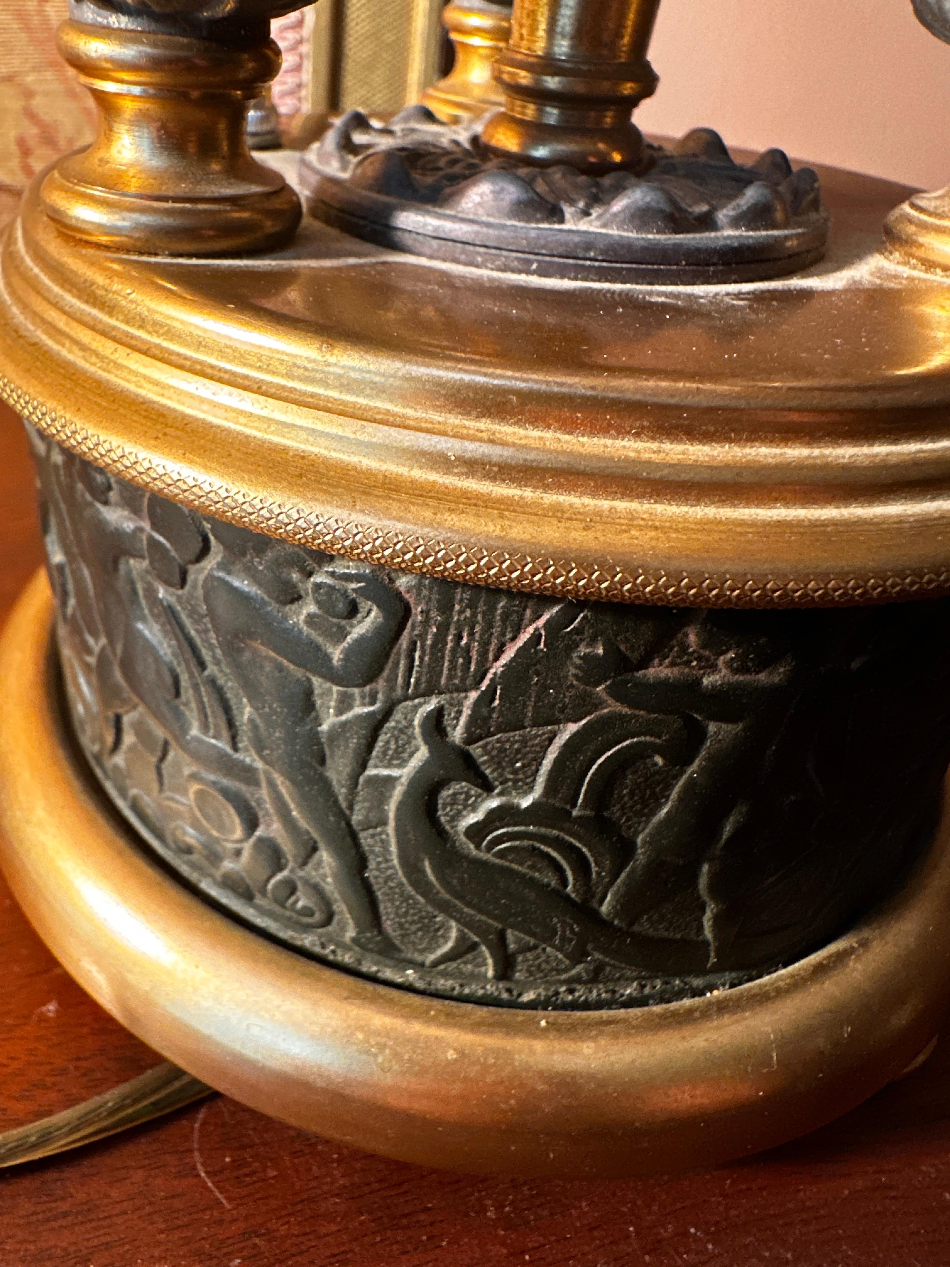 Antique French Bronze bouillote lamp with Tole shade In Excellent Condition For Sale In Farmingdale, NJ