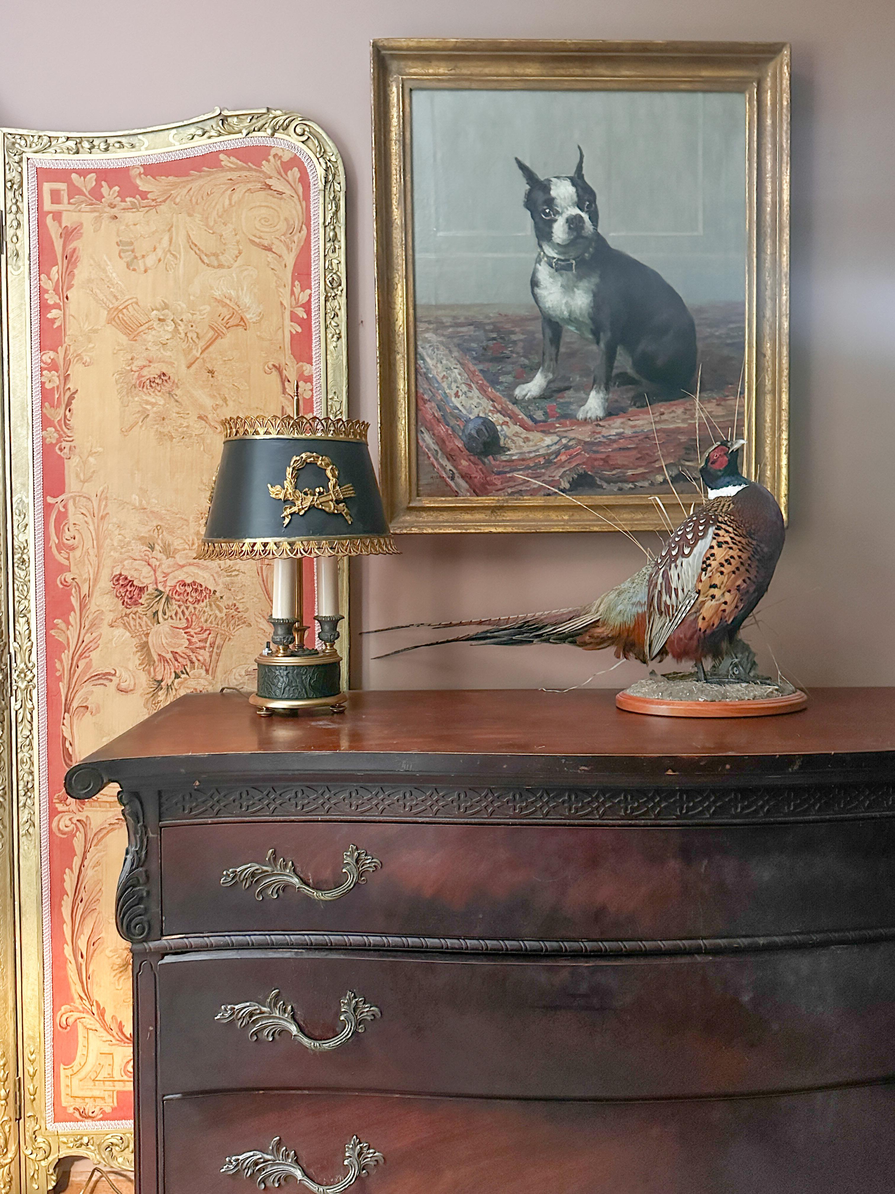 Mid-20th Century Antique French Bronze bouillote lamp with Tole shade For Sale