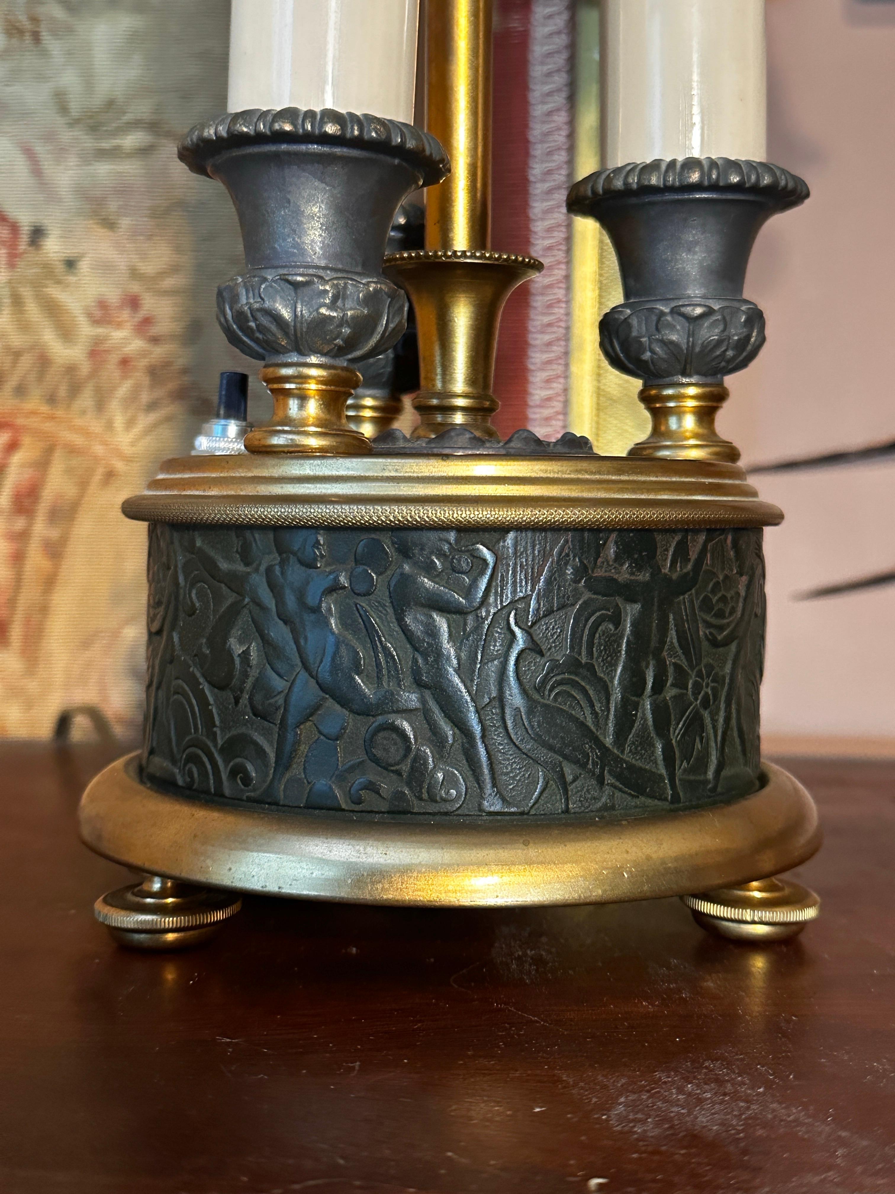 Brass Antique French Bronze bouillote lamp with Tole shade For Sale