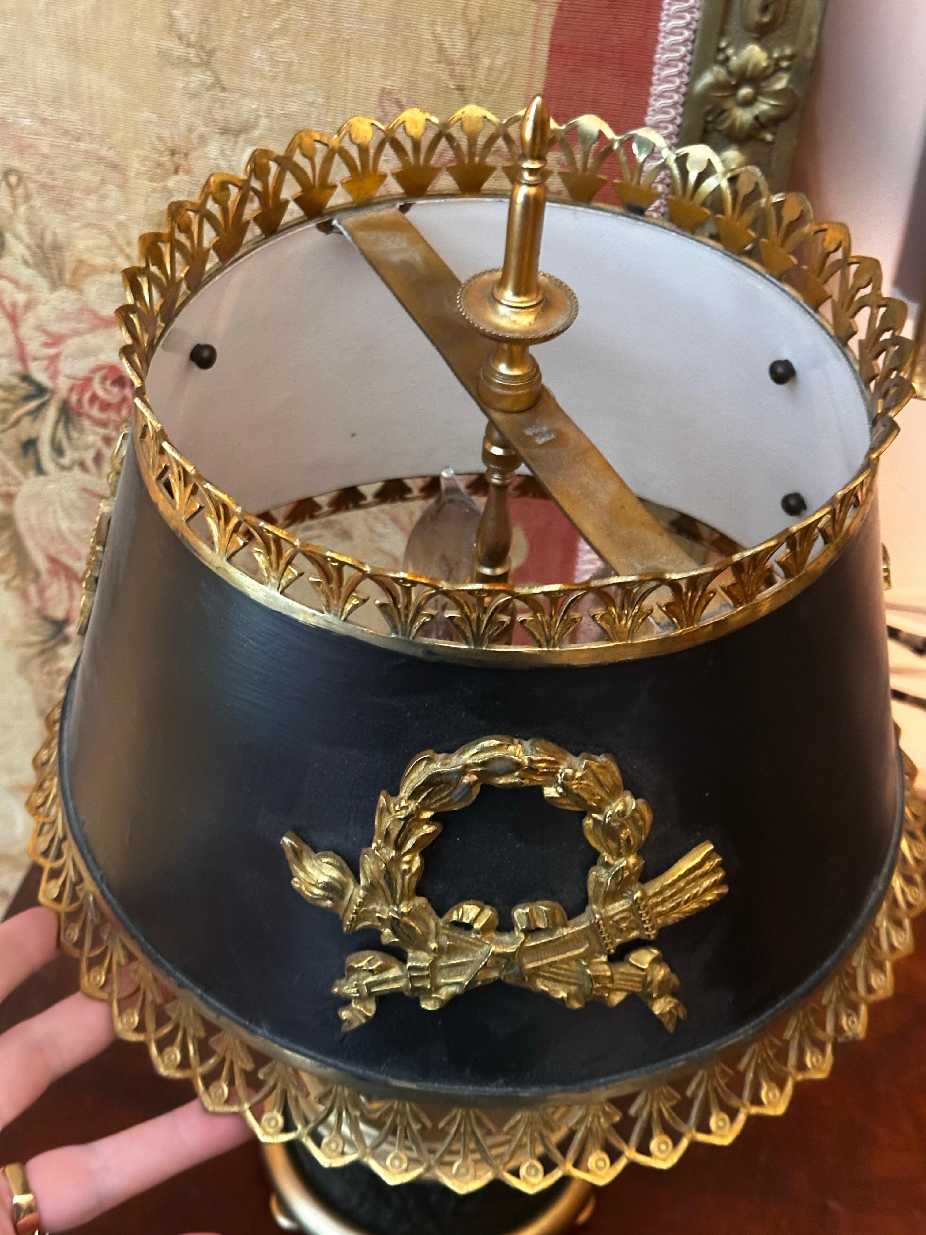 Antique French Bronze bouillote lamp with Tole shade For Sale 3
