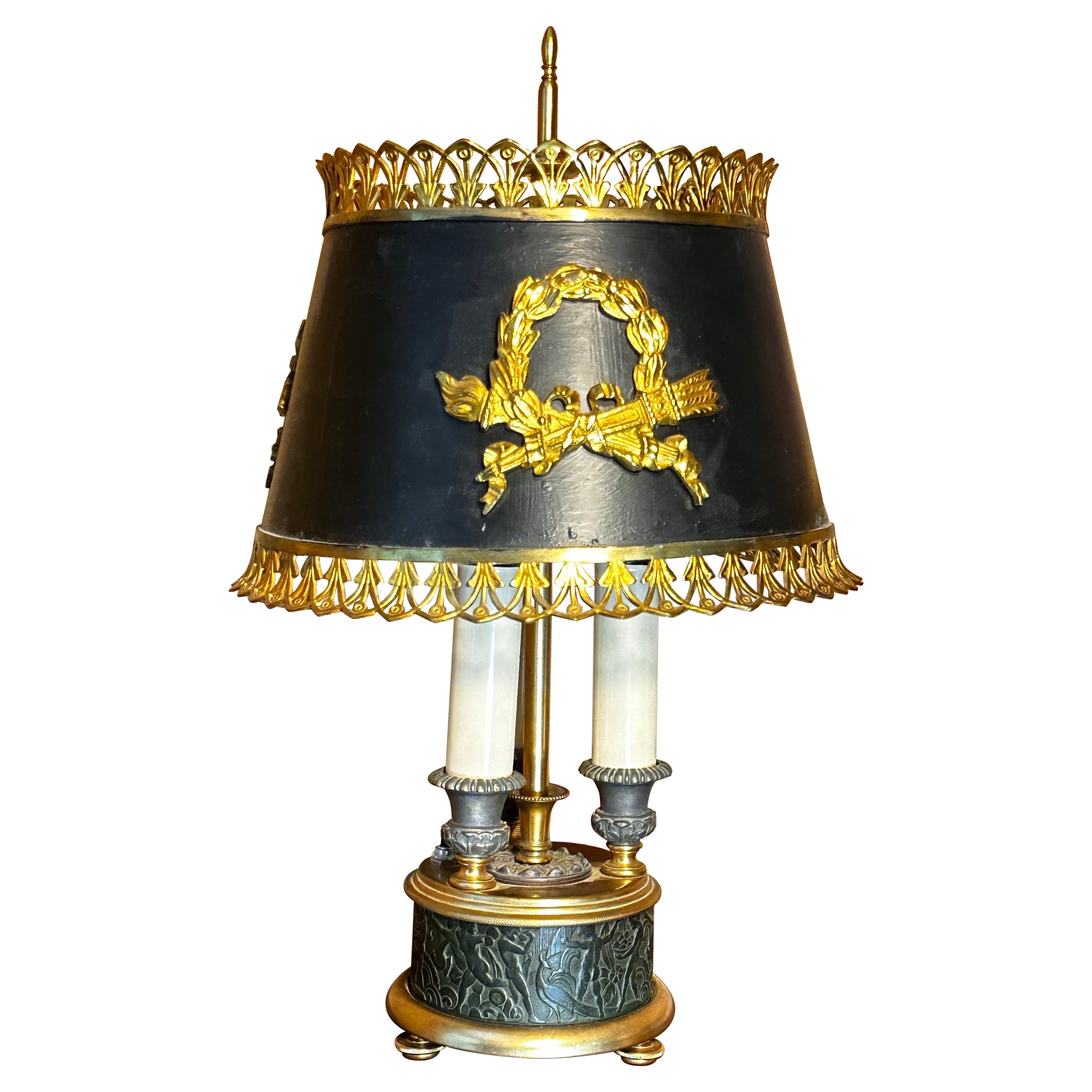 Antique French Bronze bouillote lamp with Tole shade For Sale