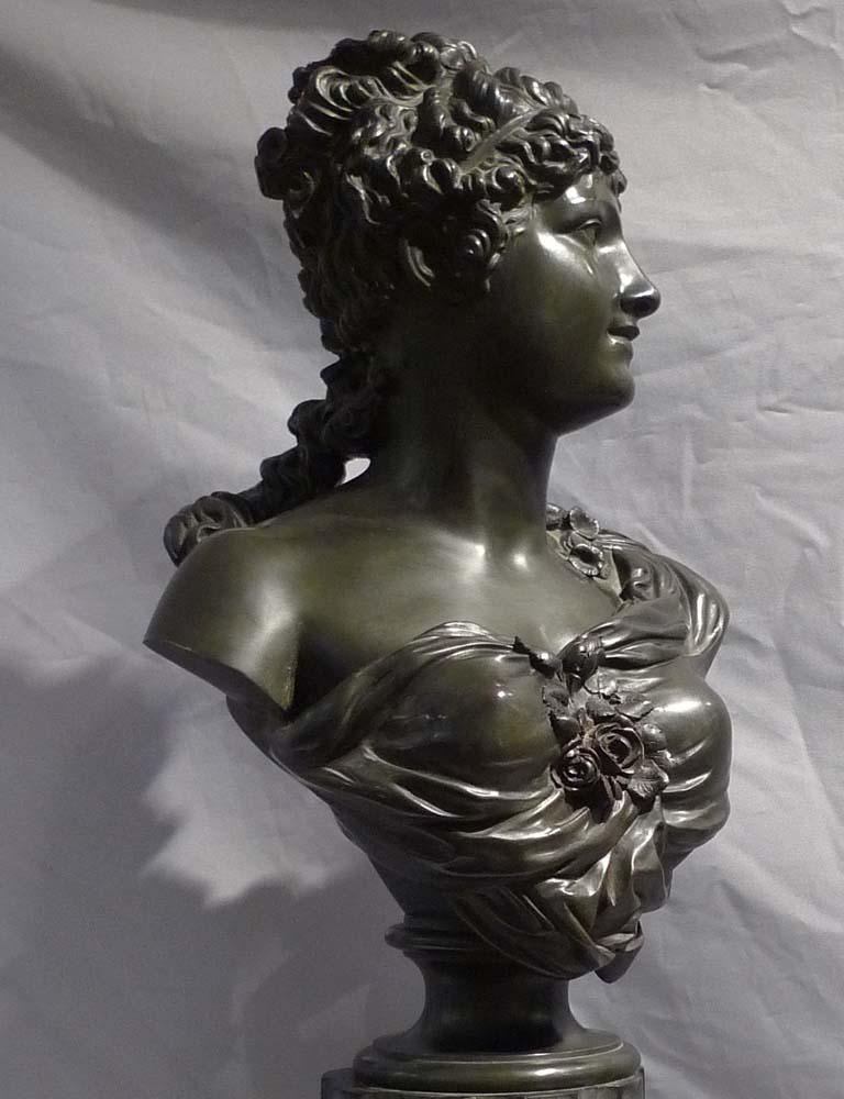 Patinated Antique French Bronze Bust of a Classical Maiden on Reeded Marble Base For Sale