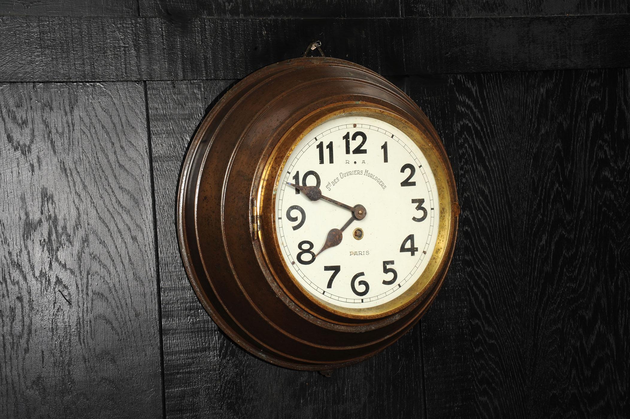 Antique French Bronze cased wall clock LARGE Industrial Sté Ouvriers Horlogers For Sale 7