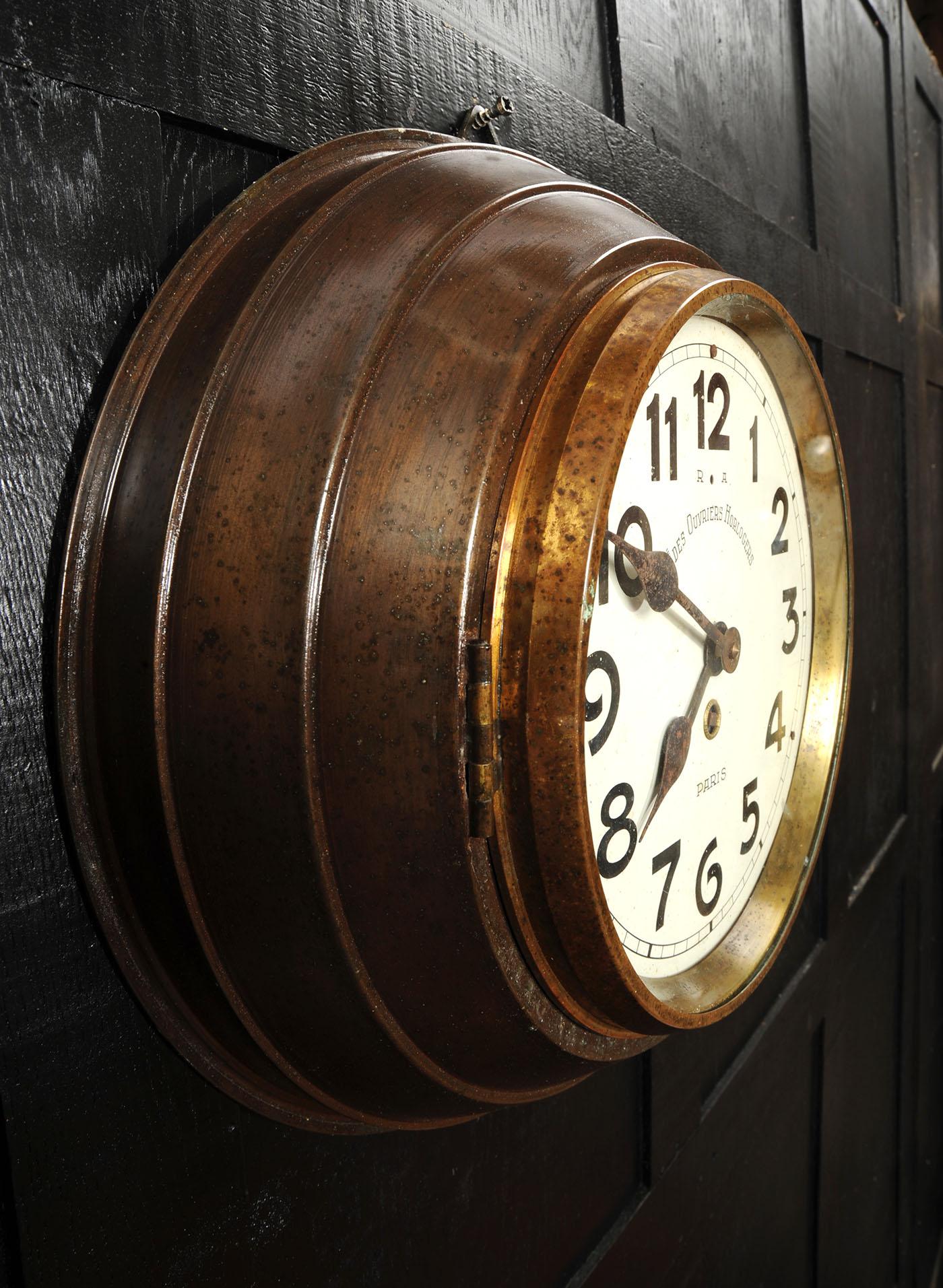 Unknown Antique French Bronze cased wall clock LARGE Industrial Sté Ouvriers Horlogers For Sale