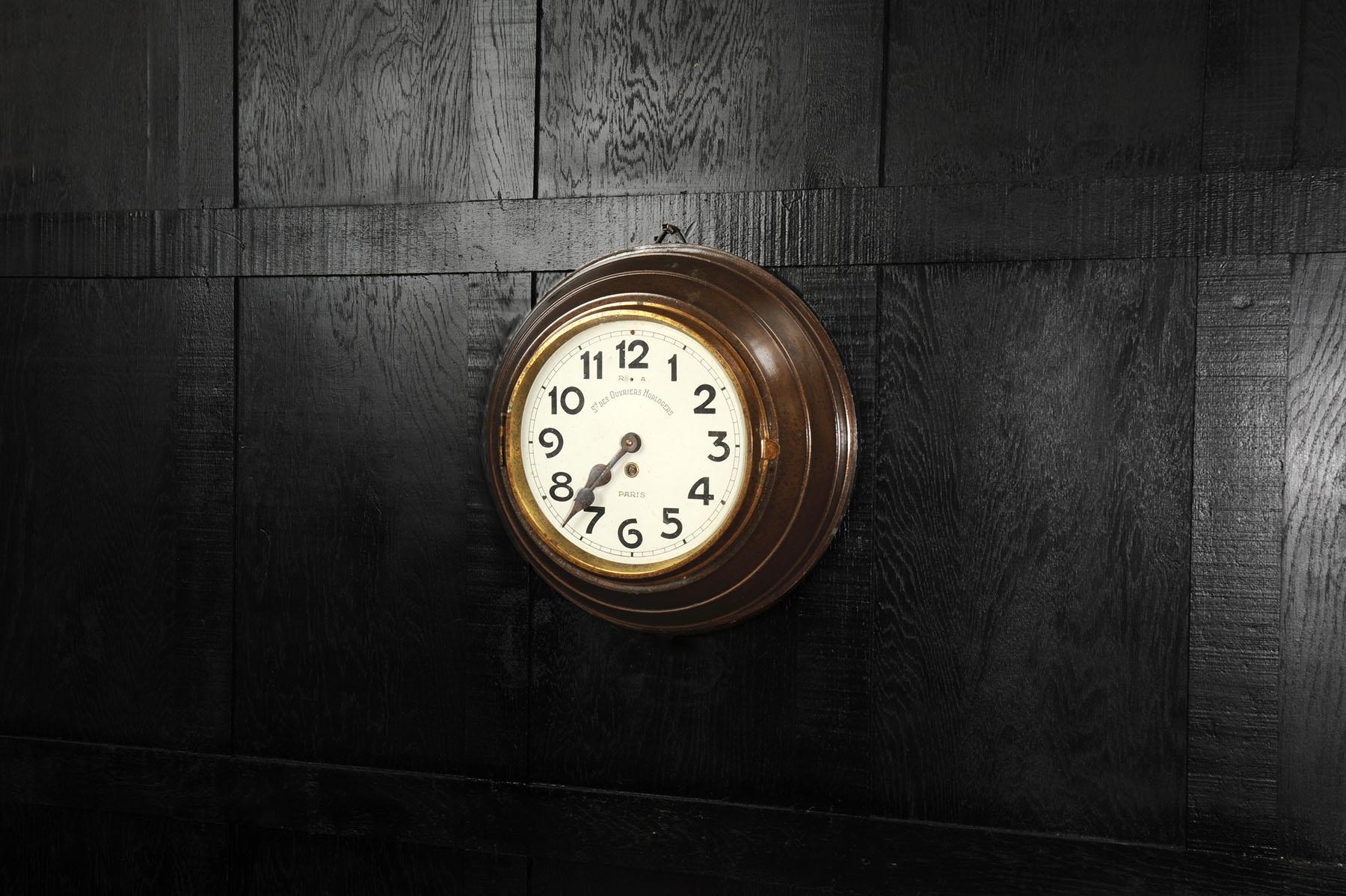 Antique French Bronze cased wall clock LARGE Industrial Sté Ouvriers Horlogers For Sale 1