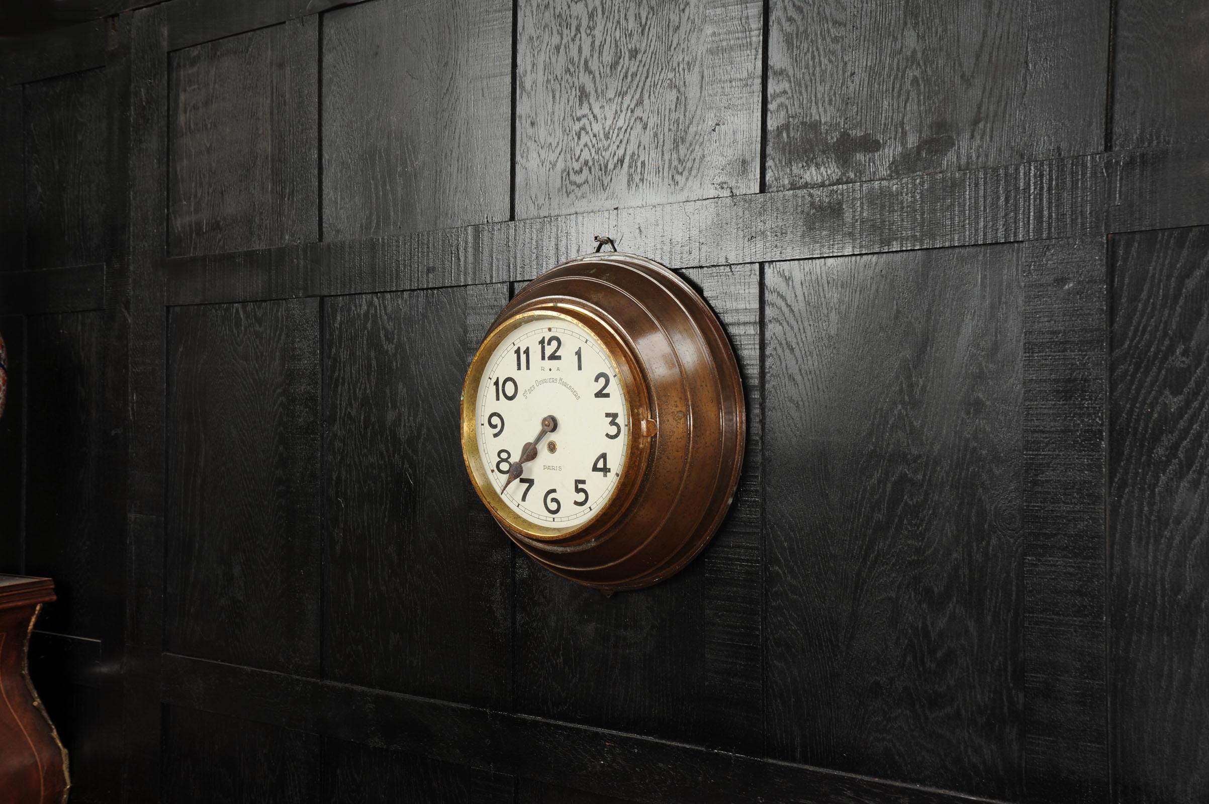 Antique French Bronze cased wall clock LARGE Industrial Sté Ouvriers Horlogers For Sale 2
