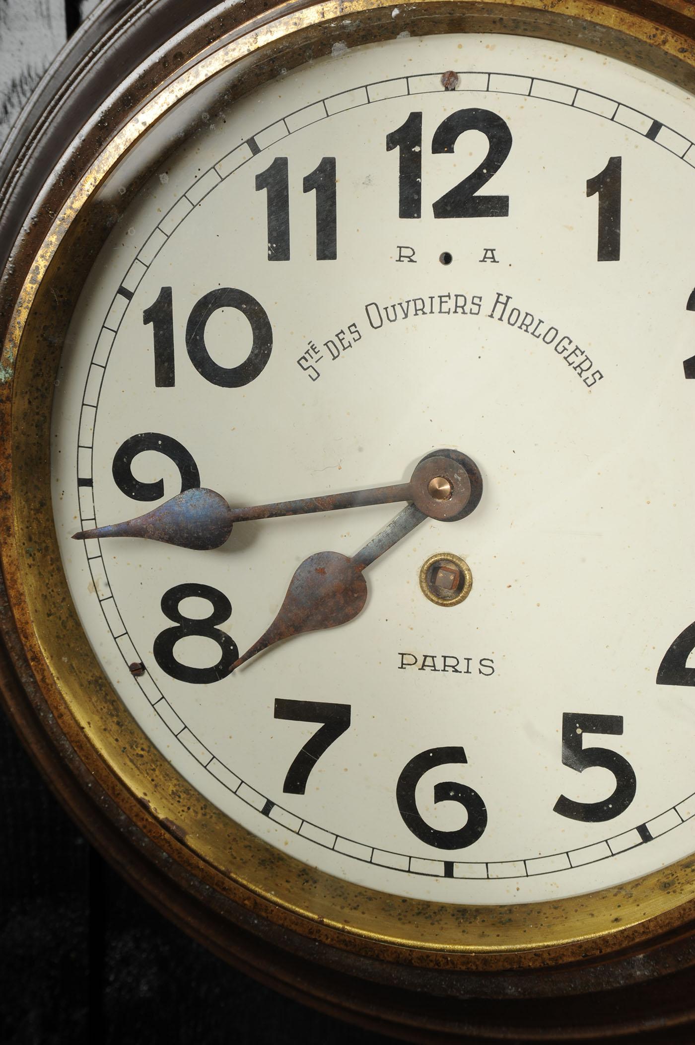 Antique French Bronze cased wall clock LARGE Industrial Sté Ouvriers Horlogers For Sale 4