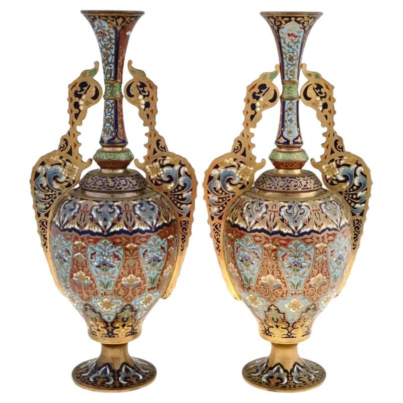 Antique French Bronze Champleve Alhambra Vases For Sale