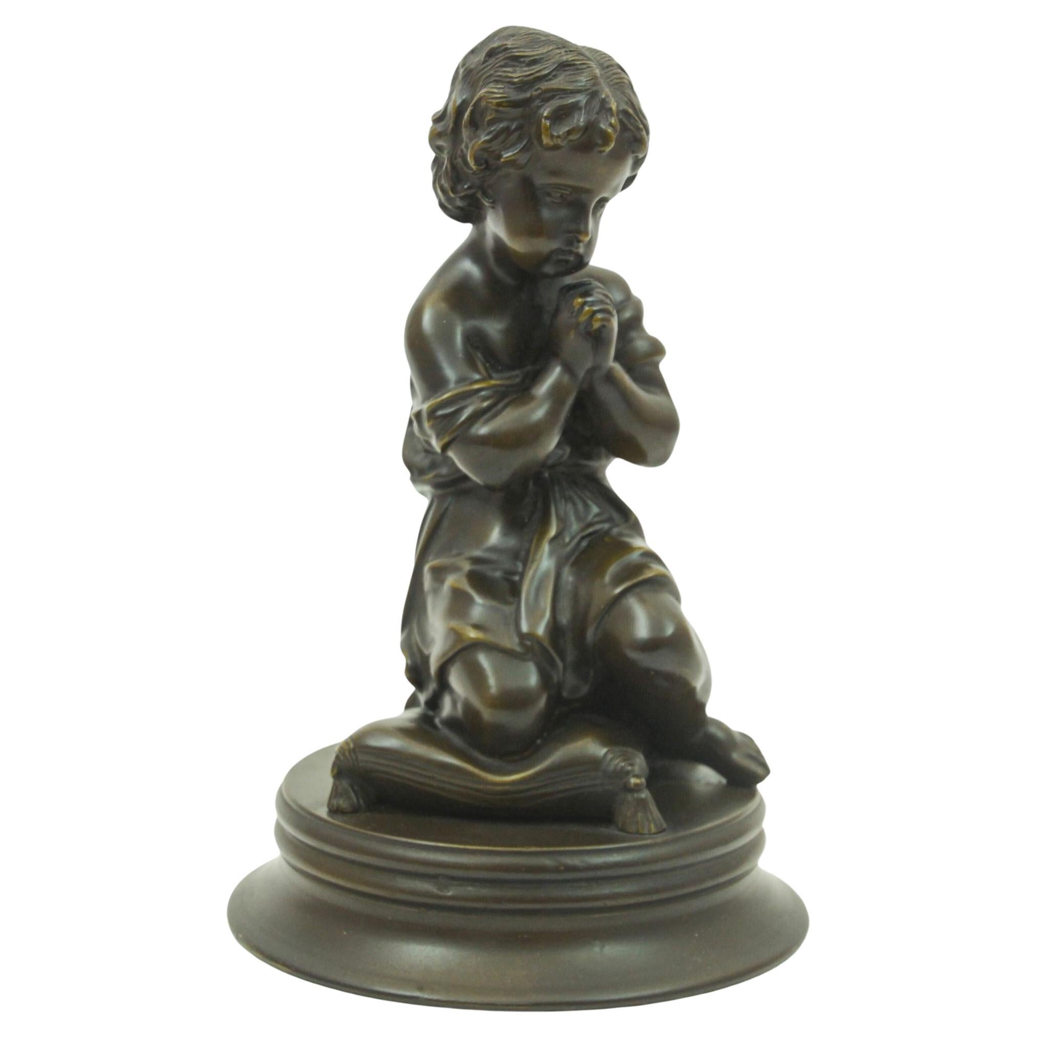 Antique French Bronce Escultura Querubín Niño Rezando circa 1920