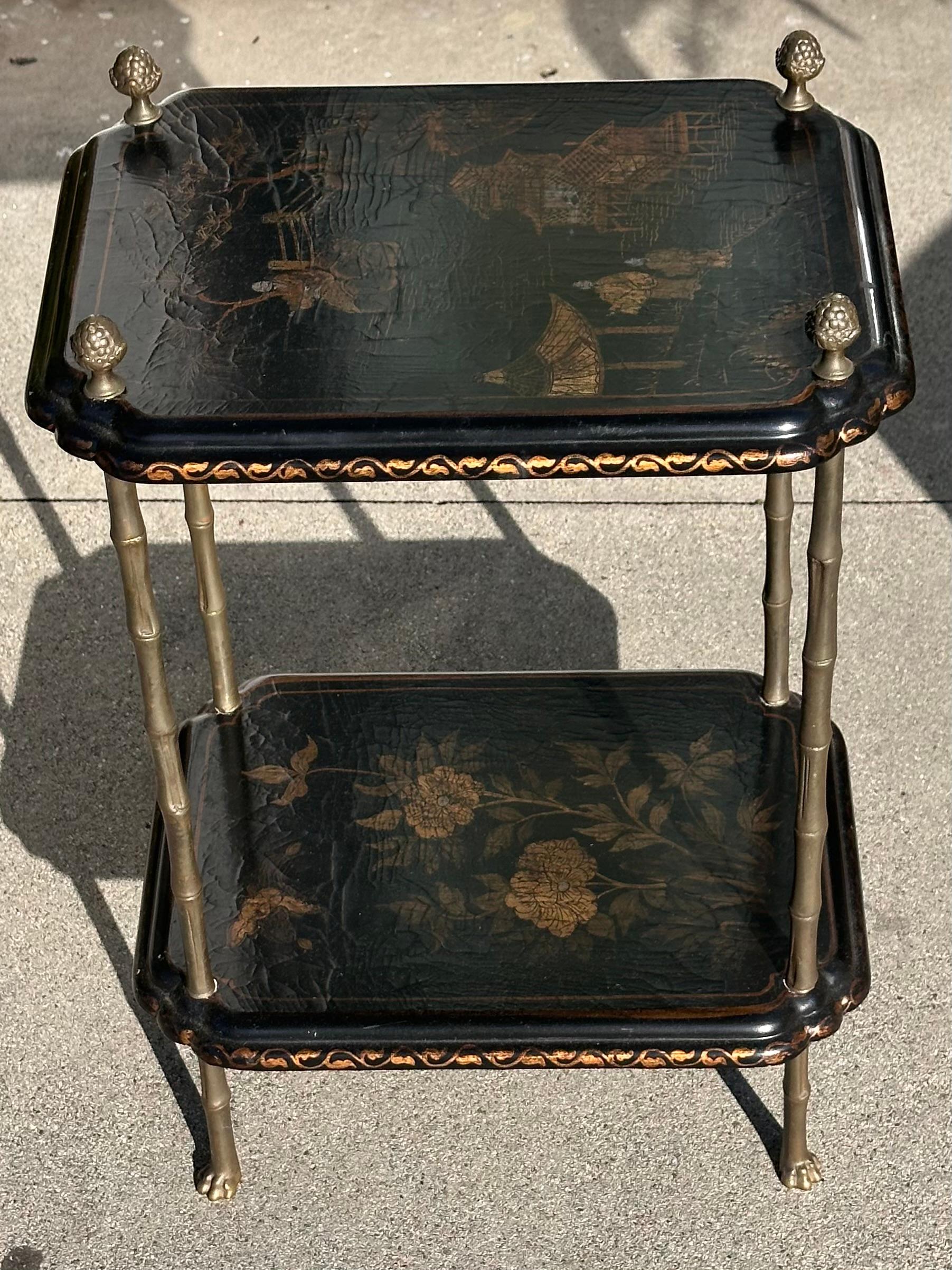Early 20th Century Antique French Bronze Chinoiserie Faux Bamboo Tiered Side Table For Sale