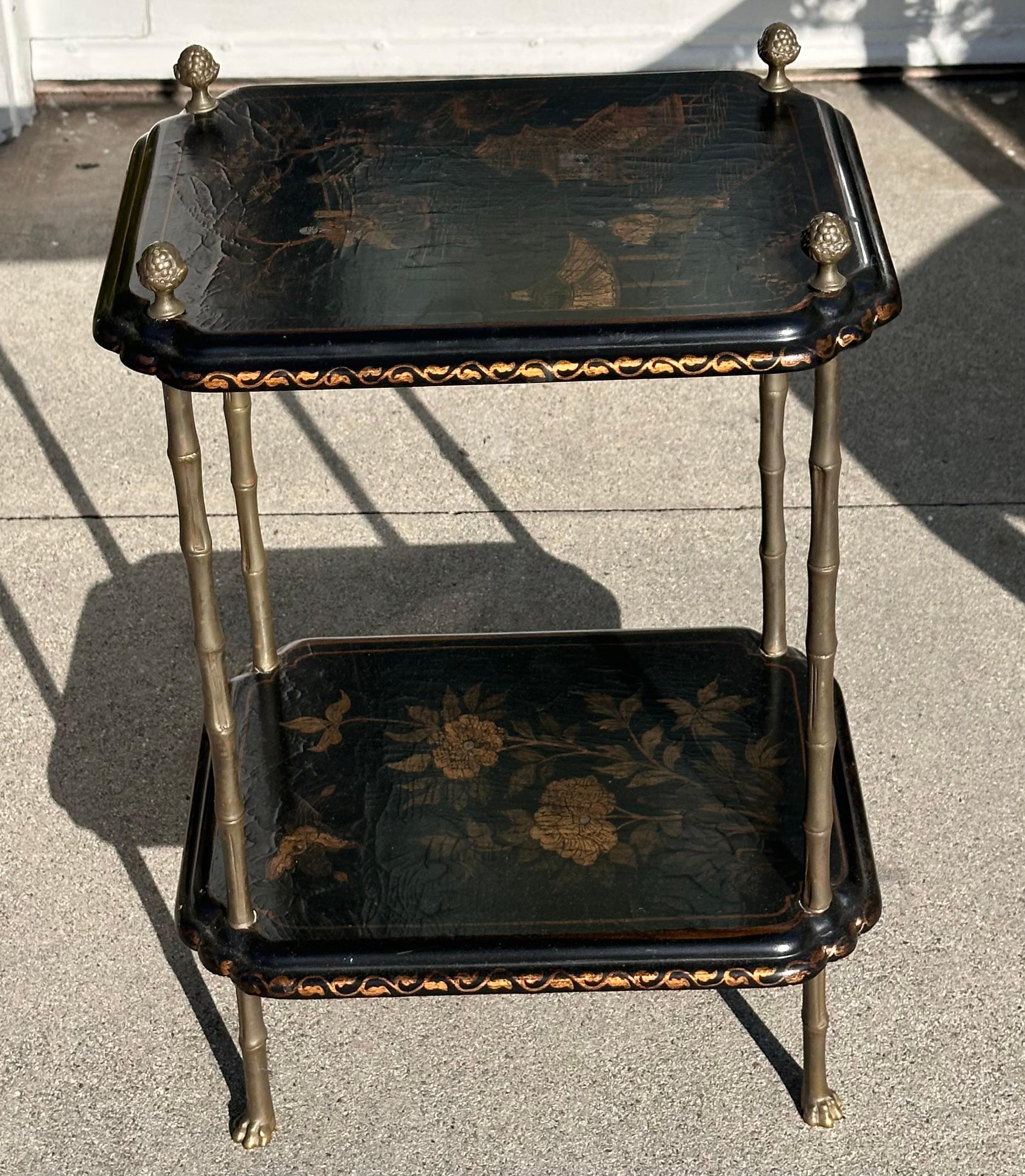 Antique French Bronze Chinoiserie Faux Bamboo Tiered Side Table For Sale 1