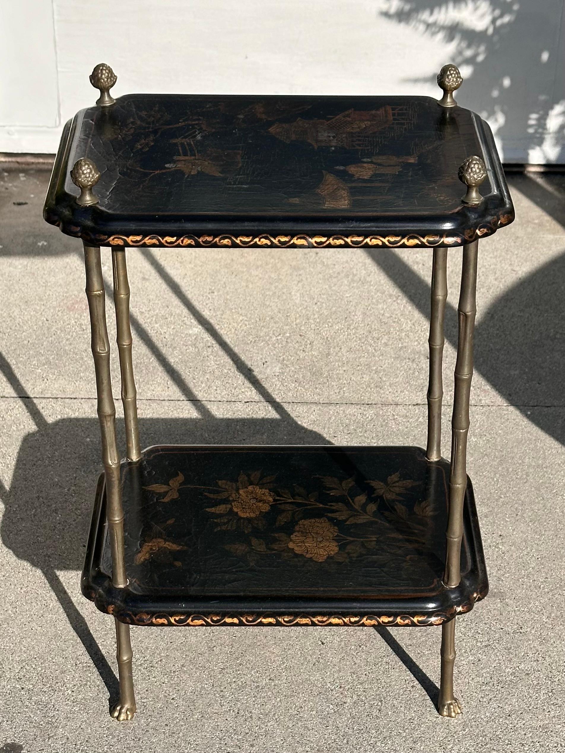 Antique French Bronze Chinoiserie Faux Bamboo Tiered Side Table For Sale 2