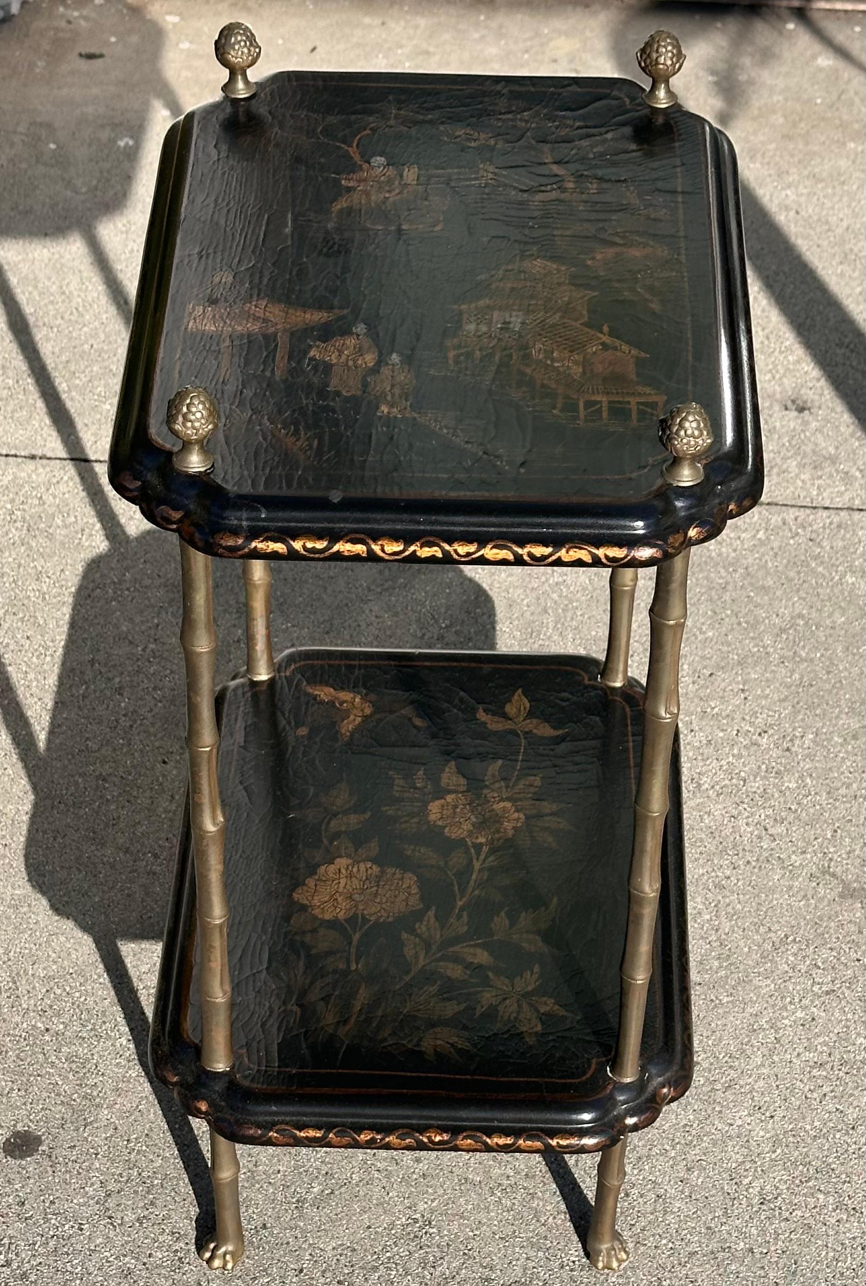 Antique French Bronze Chinoiserie Faux Bamboo Tiered Side Table For Sale 3