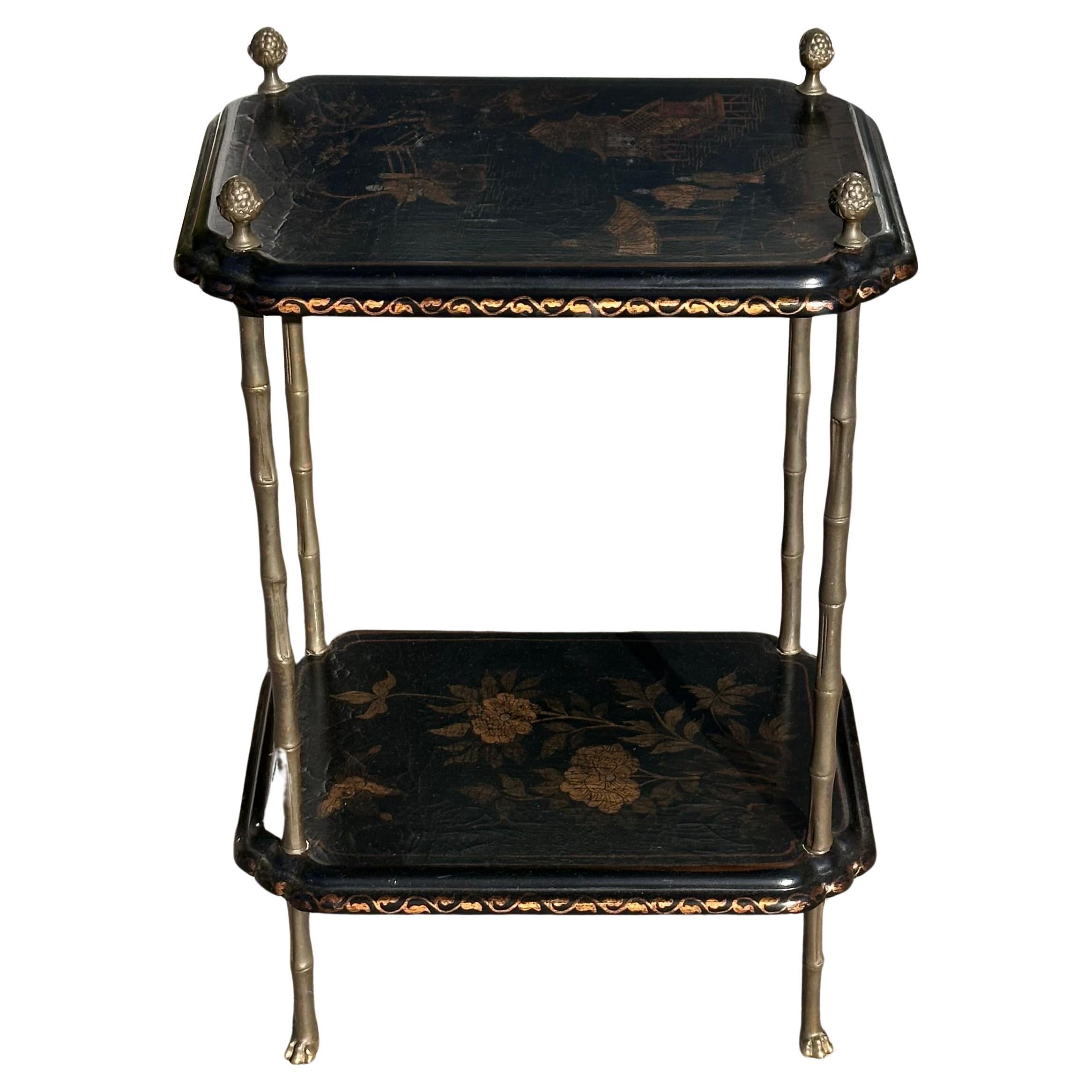 Ancienne table d'appoint française en bronze Chinoiserie et faux bambou à étages