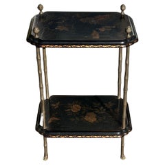 Vintage French Bronze Chinoiserie Faux Bamboo Tiered Side Table