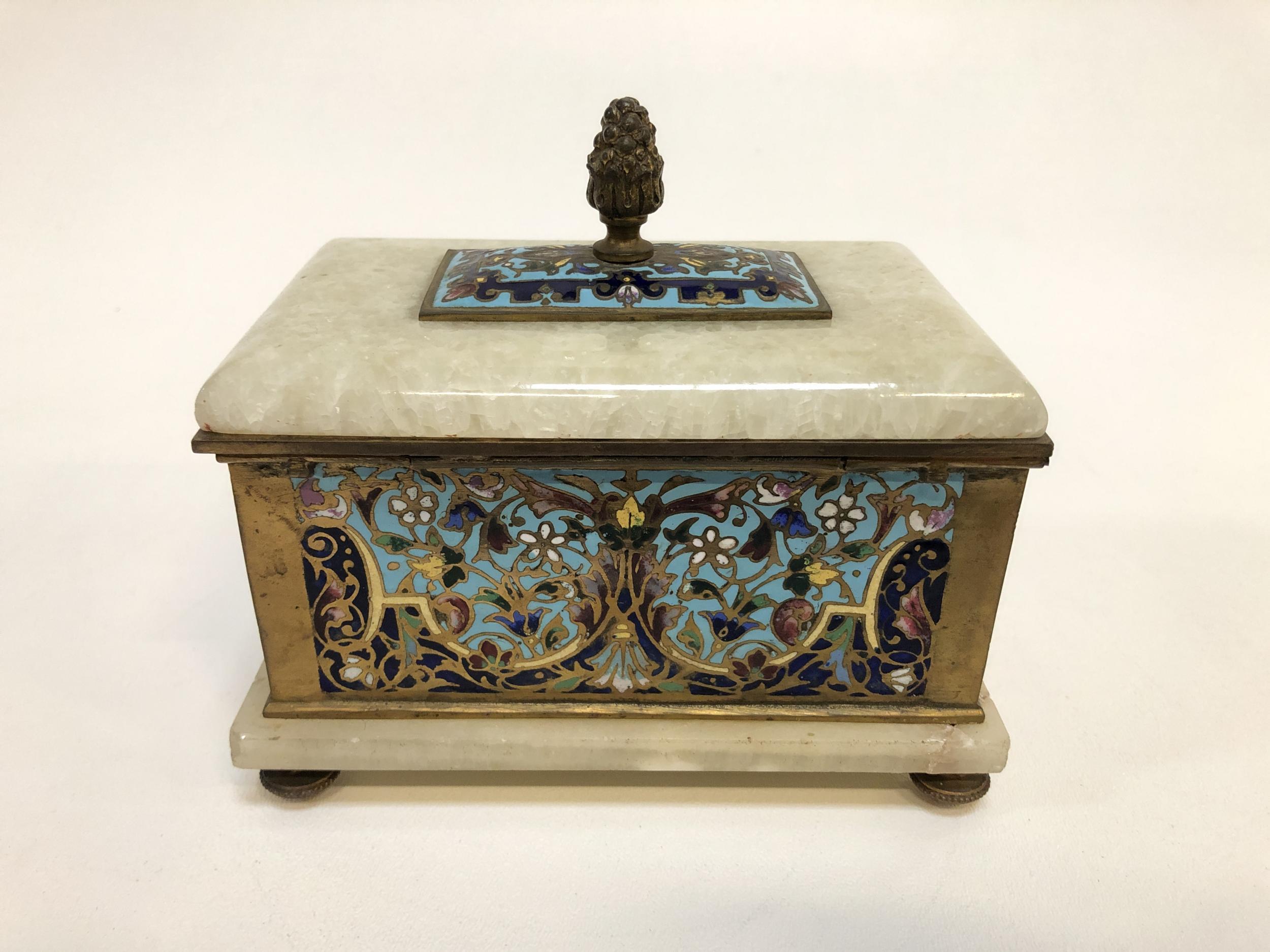 Early 20th Century Antique French Bronze Cloisonné and Alabaster Keepsake Box