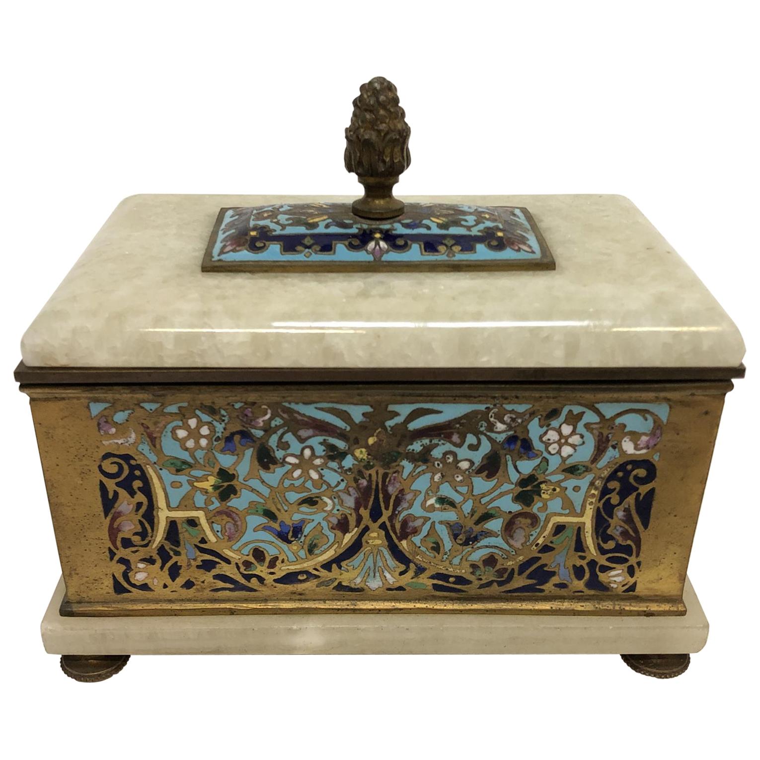 Antique French Bronze Cloisonné and Alabaster Keepsake Box