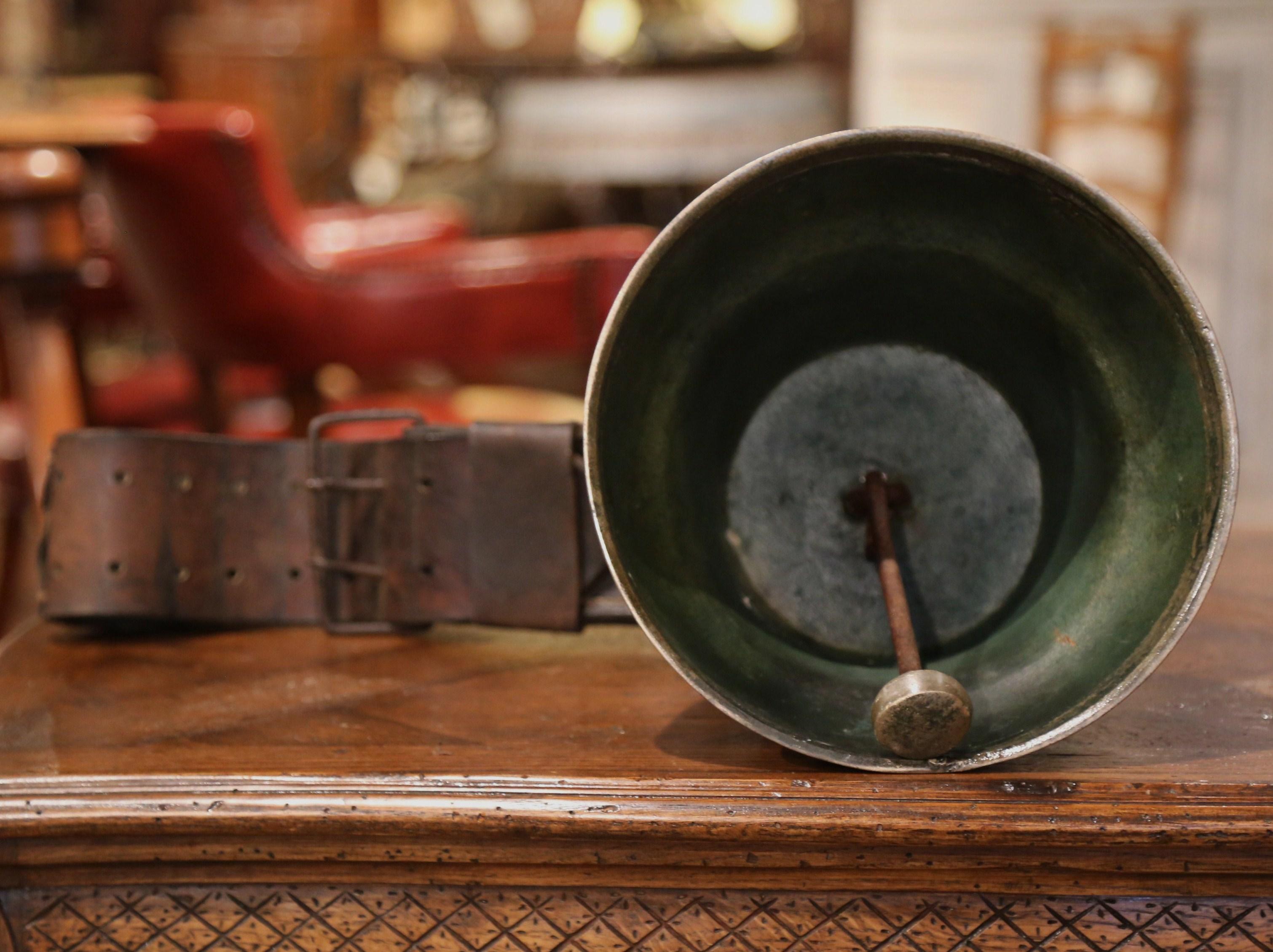 Antique French Bronze Cow Bell Dated 1900 with Original Leather Strap & Buckle In Excellent Condition For Sale In Dallas, TX