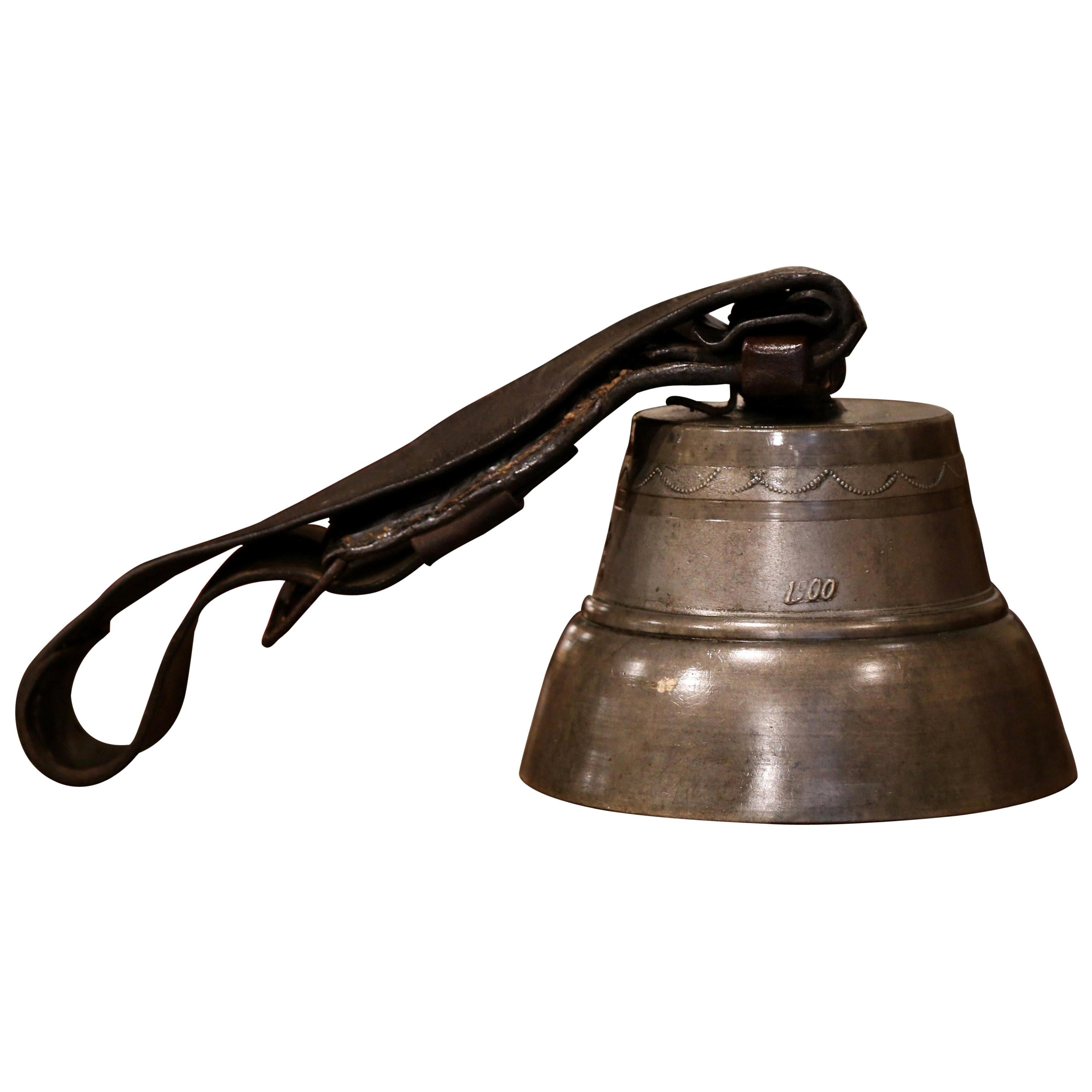 Antique French Bronze Cow Bell Dated 1900 with Original Leather Strap & Buckle For Sale