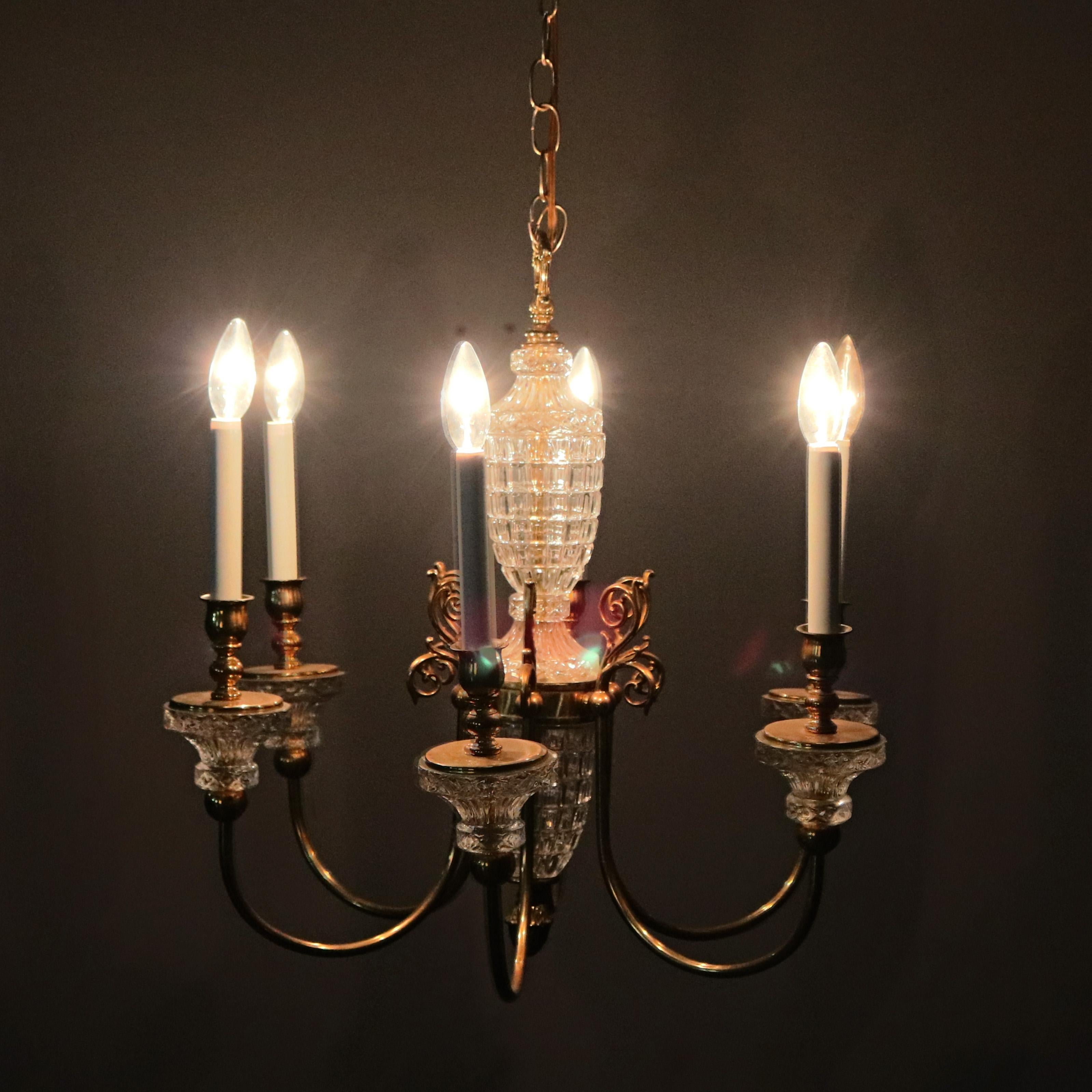Antique French Bronze & Crystal 6-Light Chandelier, circa 1930 In Good Condition For Sale In Big Flats, NY