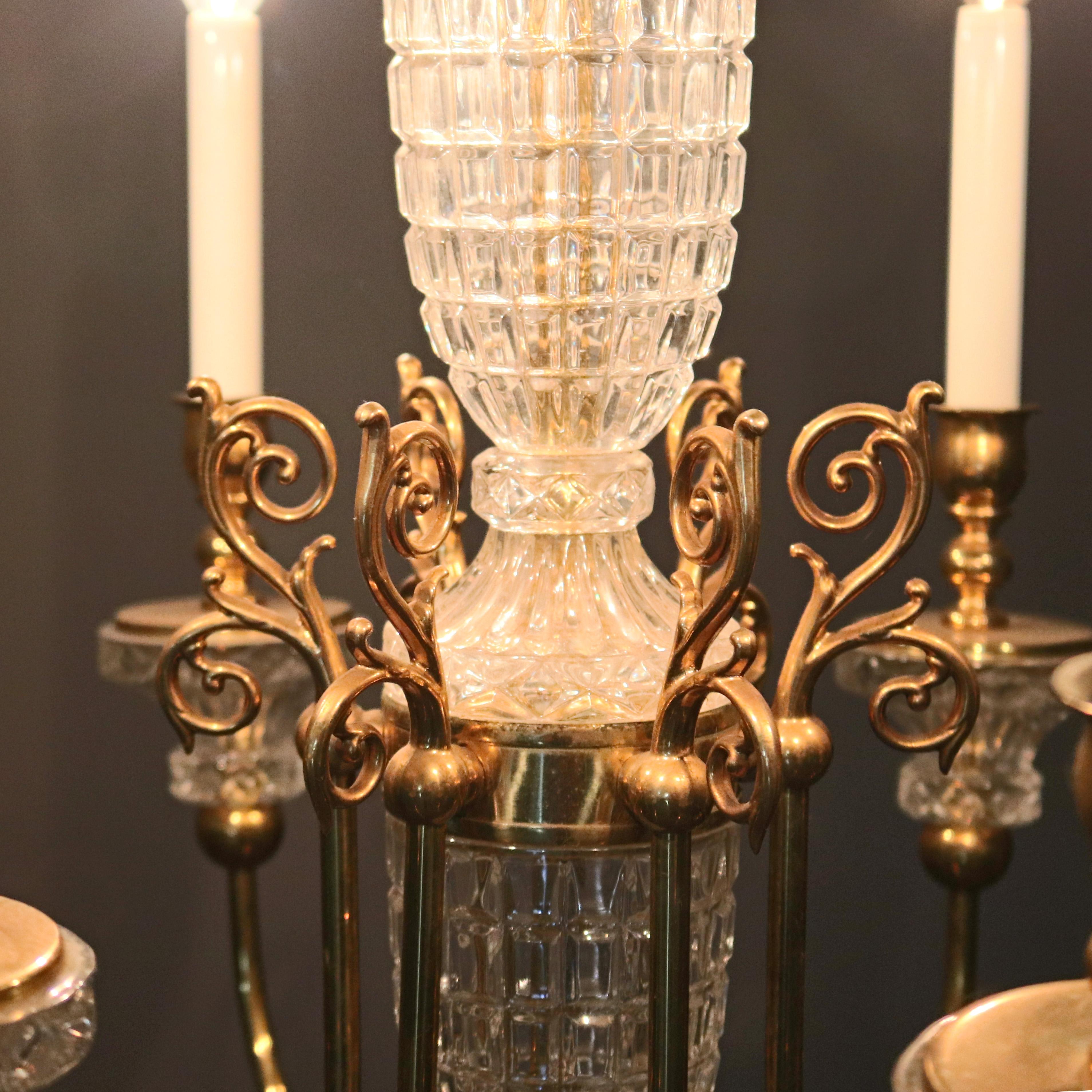 20th Century Antique French Bronze & Crystal 6-Light Chandelier, circa 1930 For Sale