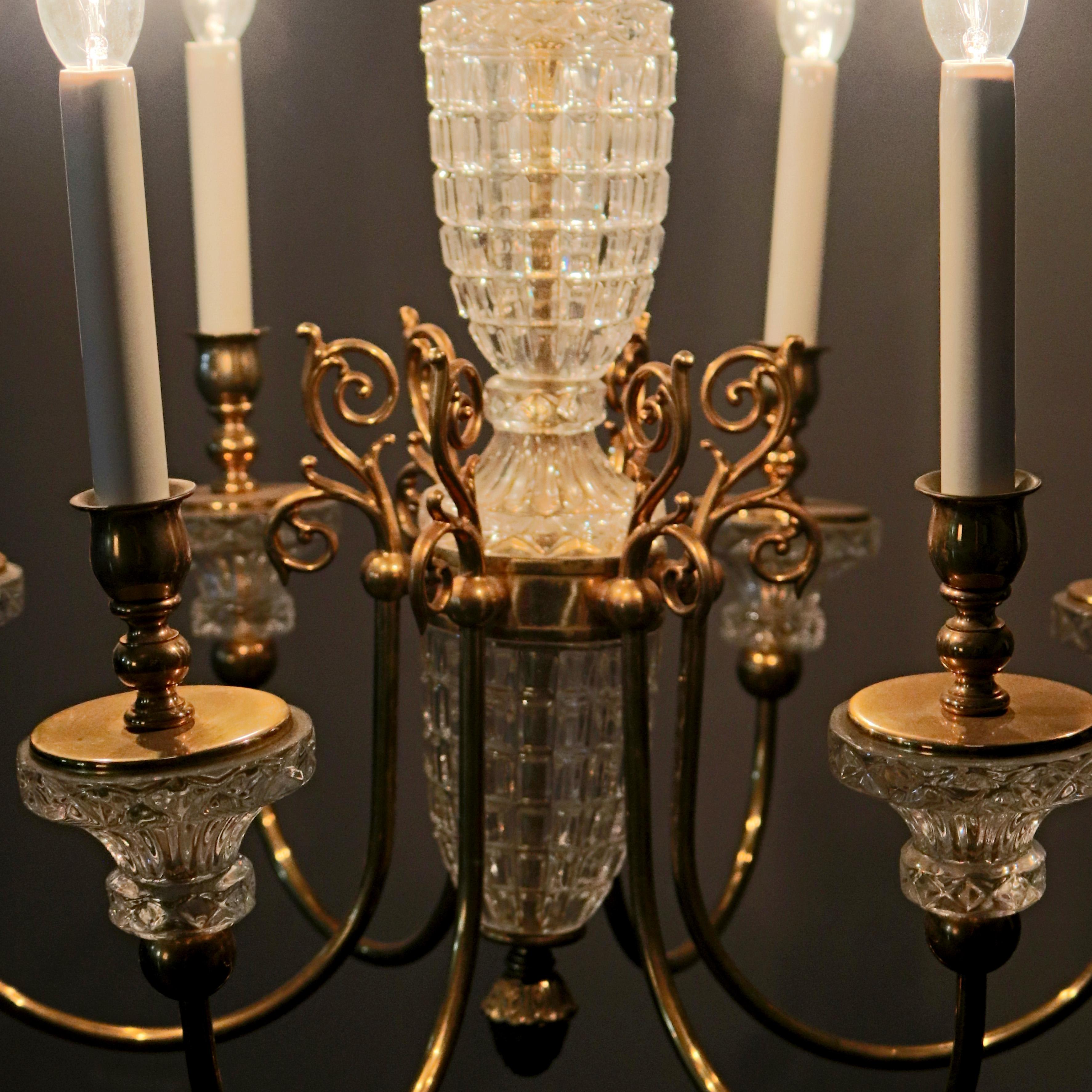 Antique French Bronze & Crystal 6-Light Chandelier, circa 1930 For Sale 1