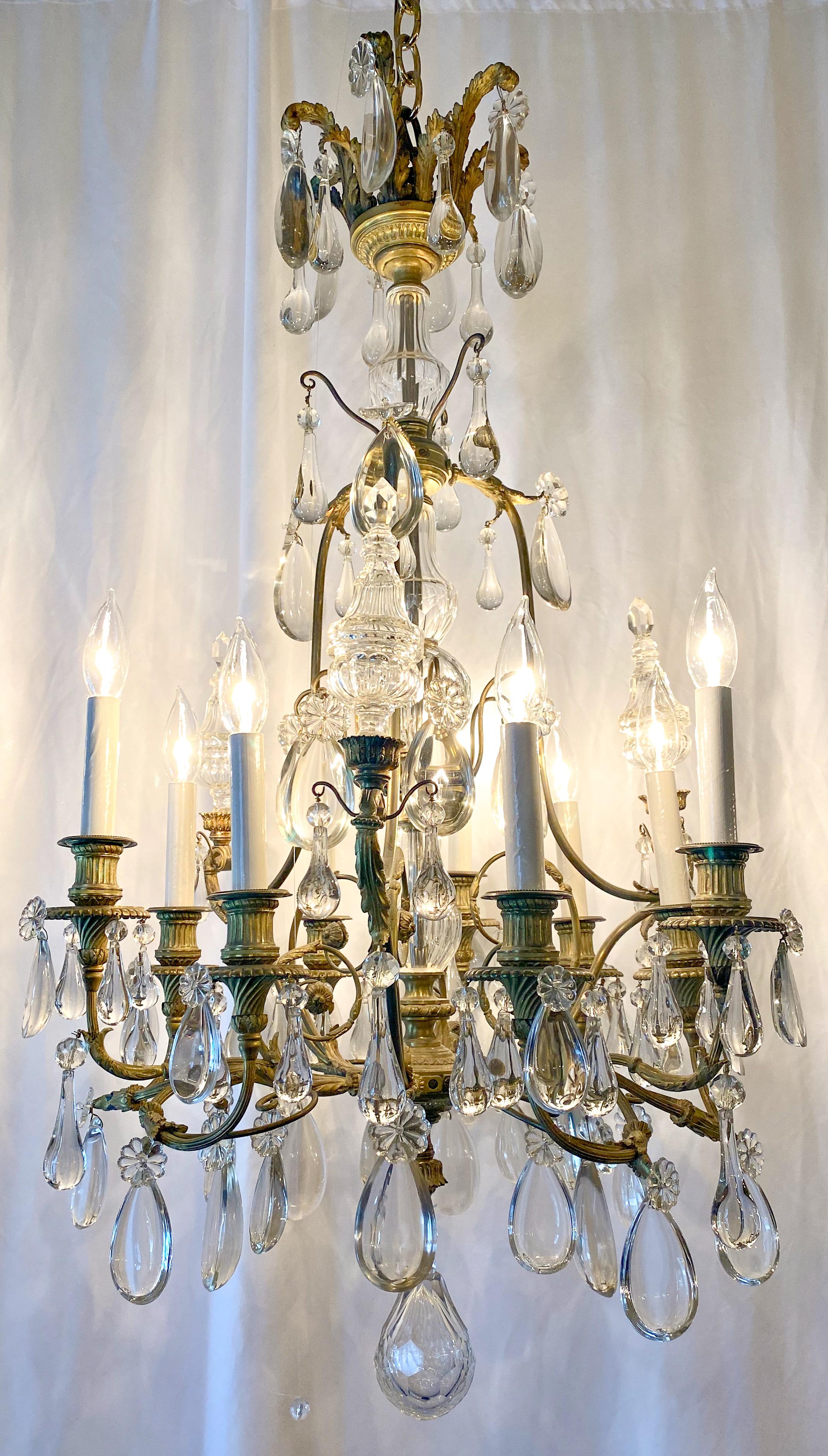 Antique French bronze crystal chandelier, circa 1880-1890.