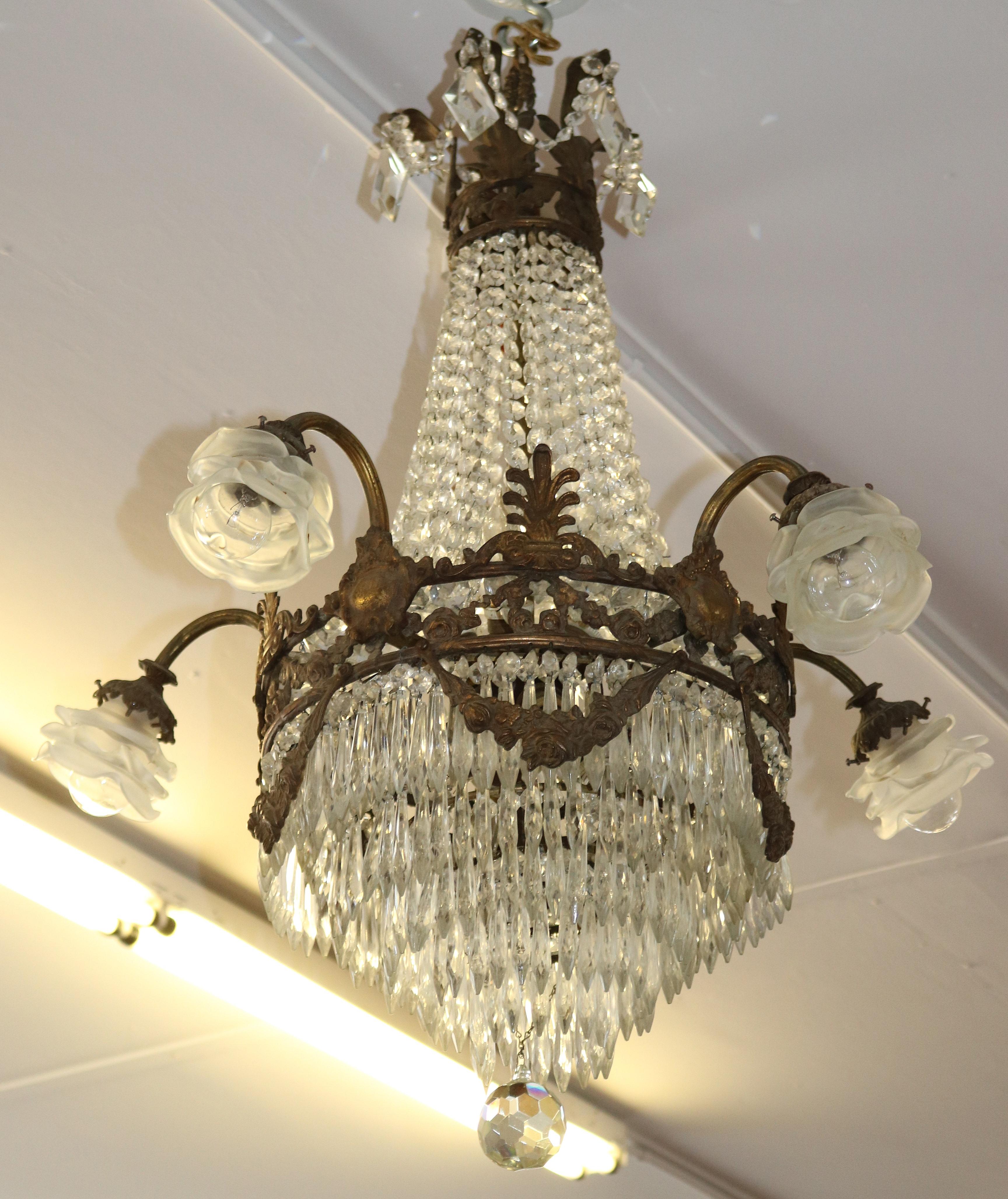 Antique French Bronze & Crystal Louis XVI Style Beaded Basket Chandelier In Good Condition In Long Branch, NJ