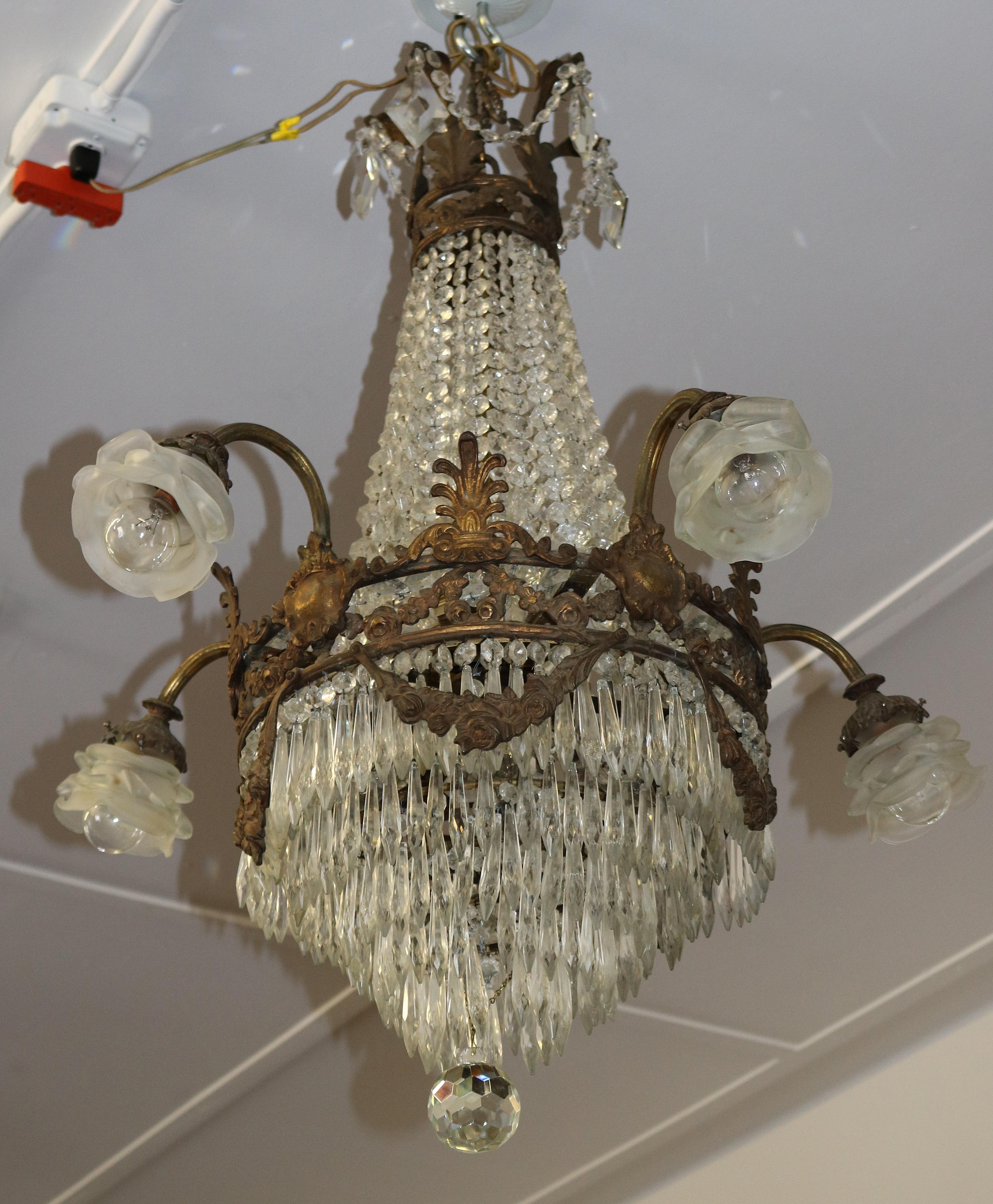 20th Century Antique French Bronze & Crystal Louis XVI Style Beaded Basket Chandelier
