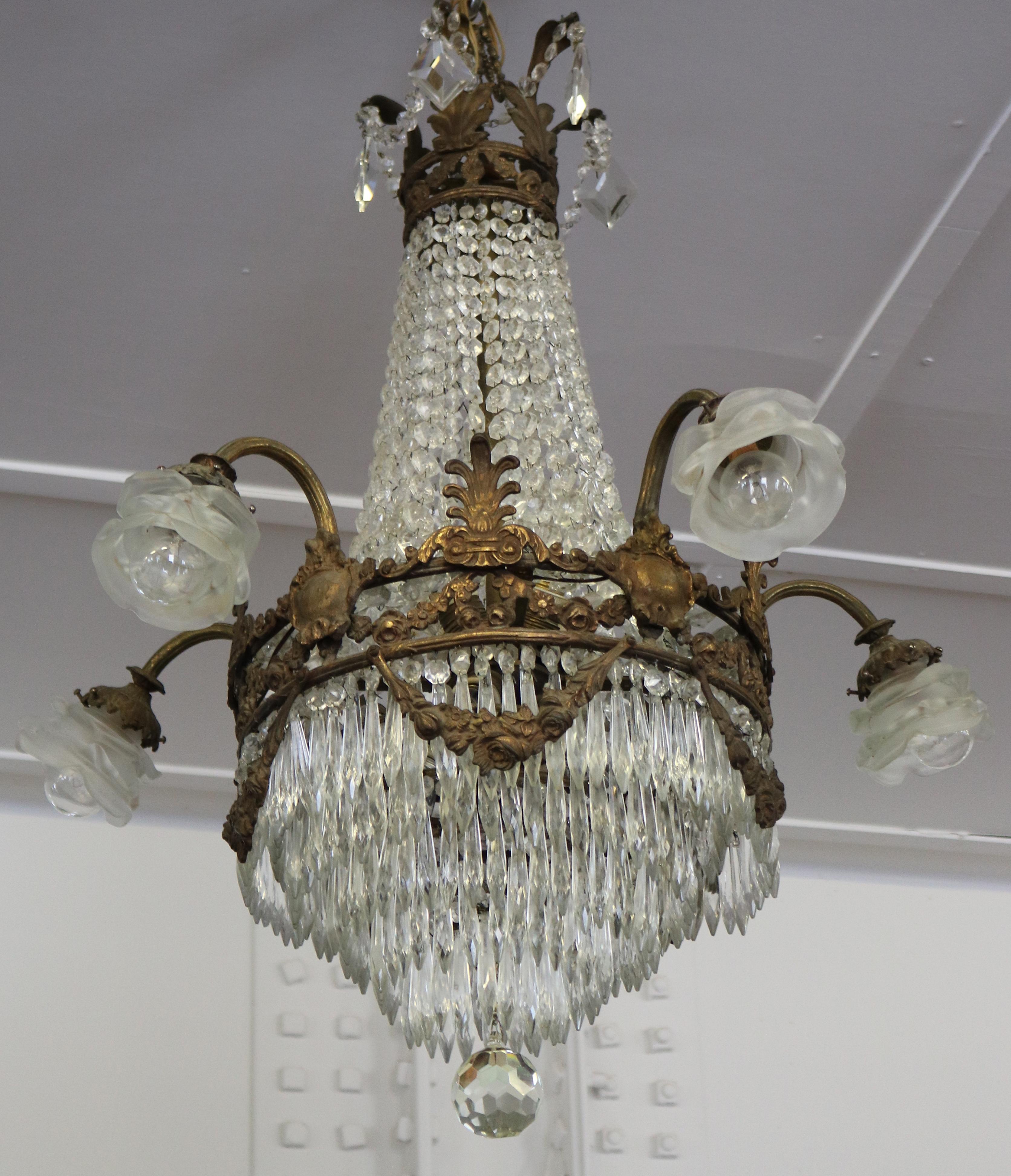Antique French Bronze & Crystal Louis XVI Style Beaded Basket Chandelier 1