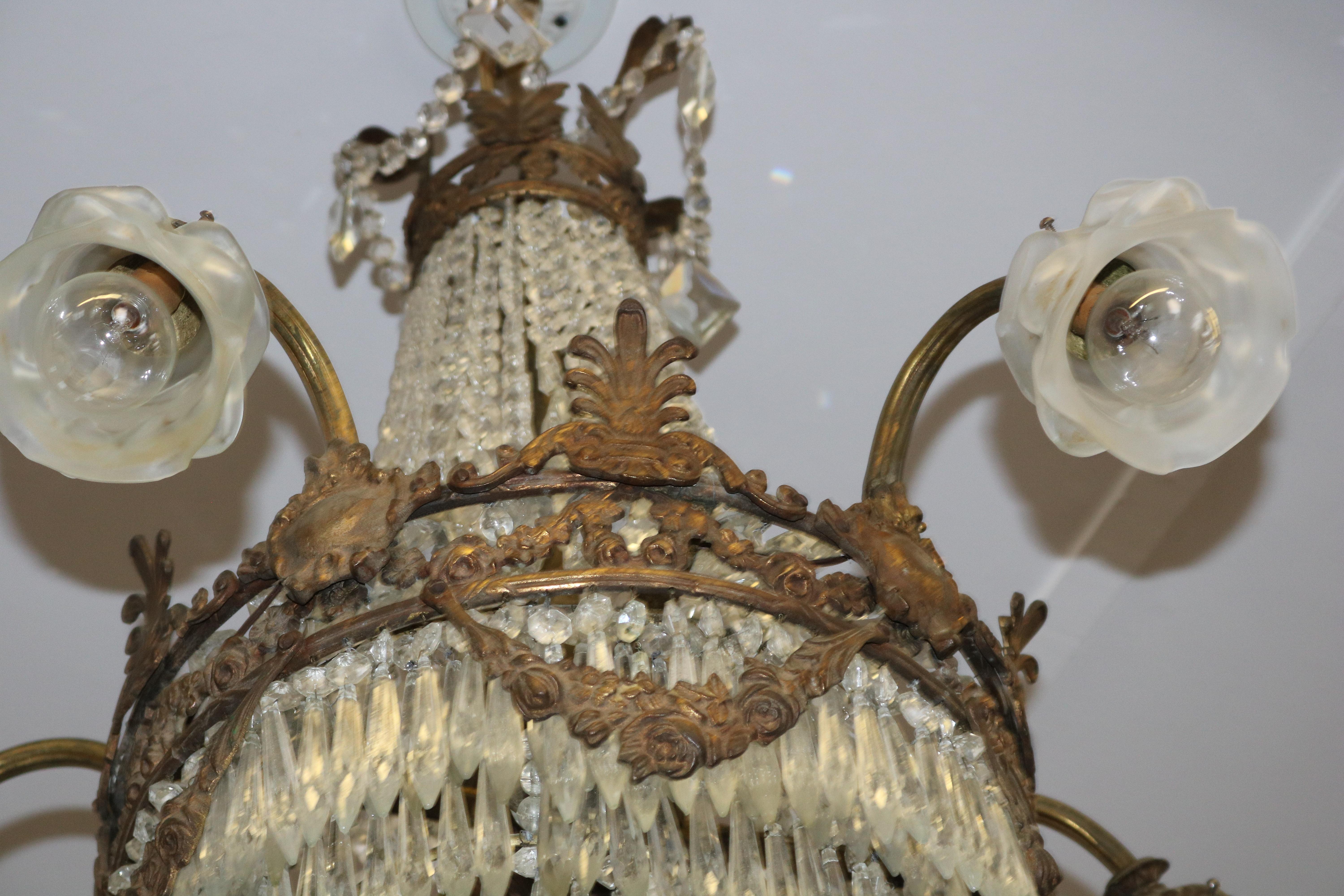Antique French Bronze & Crystal Louis XVI Style Beaded Basket Chandelier 2