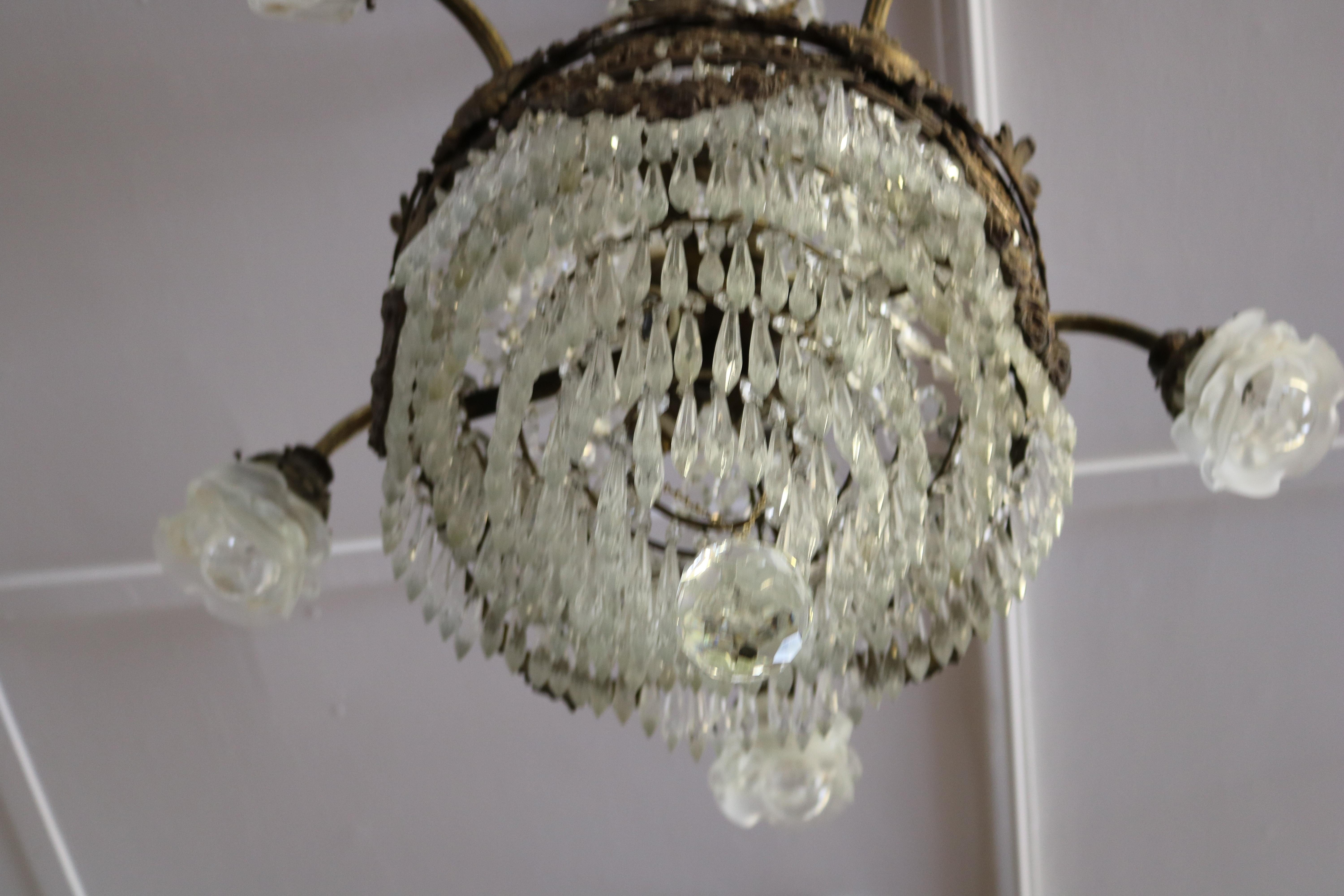 Antique French Bronze & Crystal Louis XVI Style Beaded Basket Chandelier 3