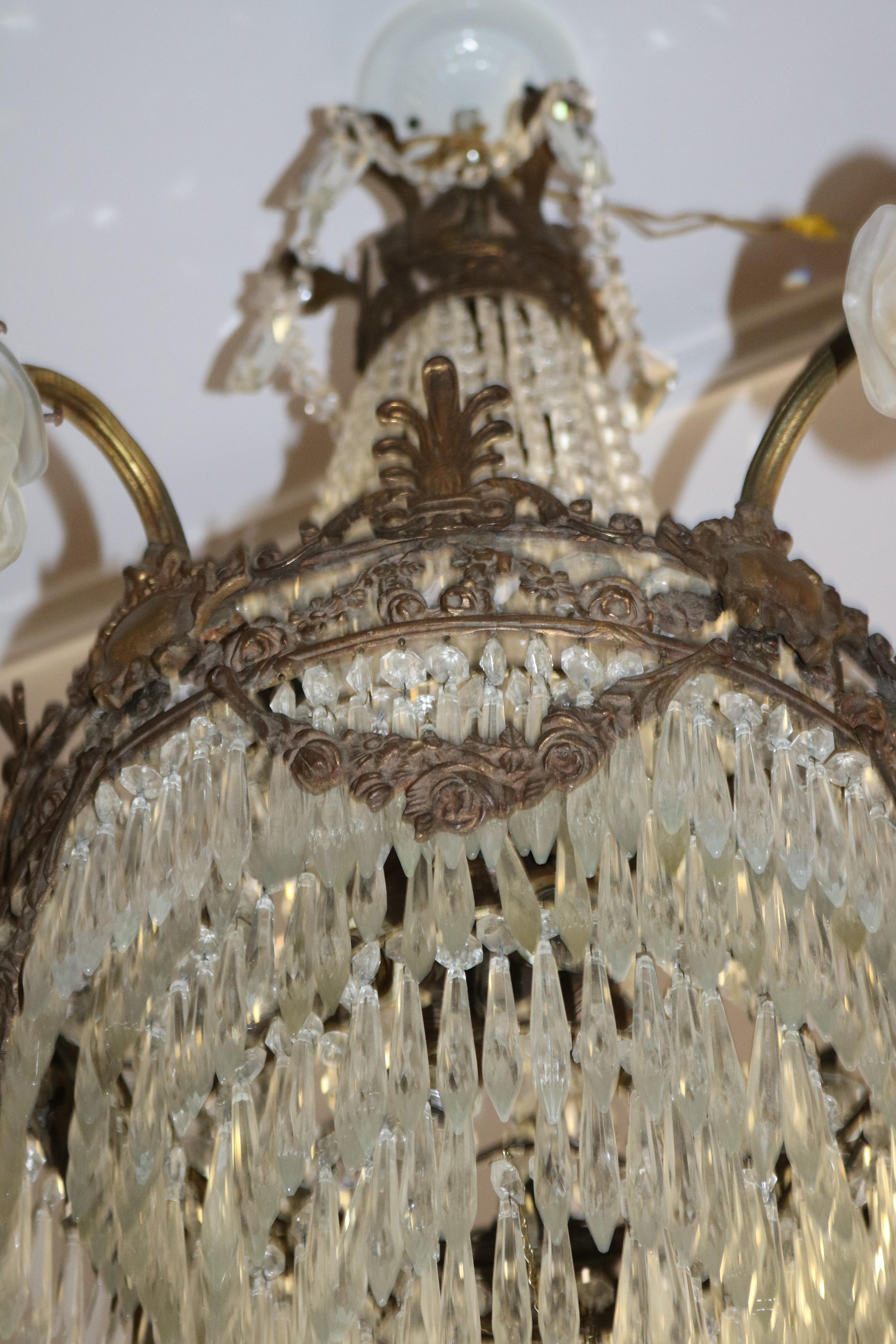 Antique French Bronze & Crystal Louis XVI Style Beaded Basket Chandelier 5