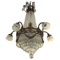 Antique French Bronze 
Crystal Louis XVI Style Beaded Basket Chandelier