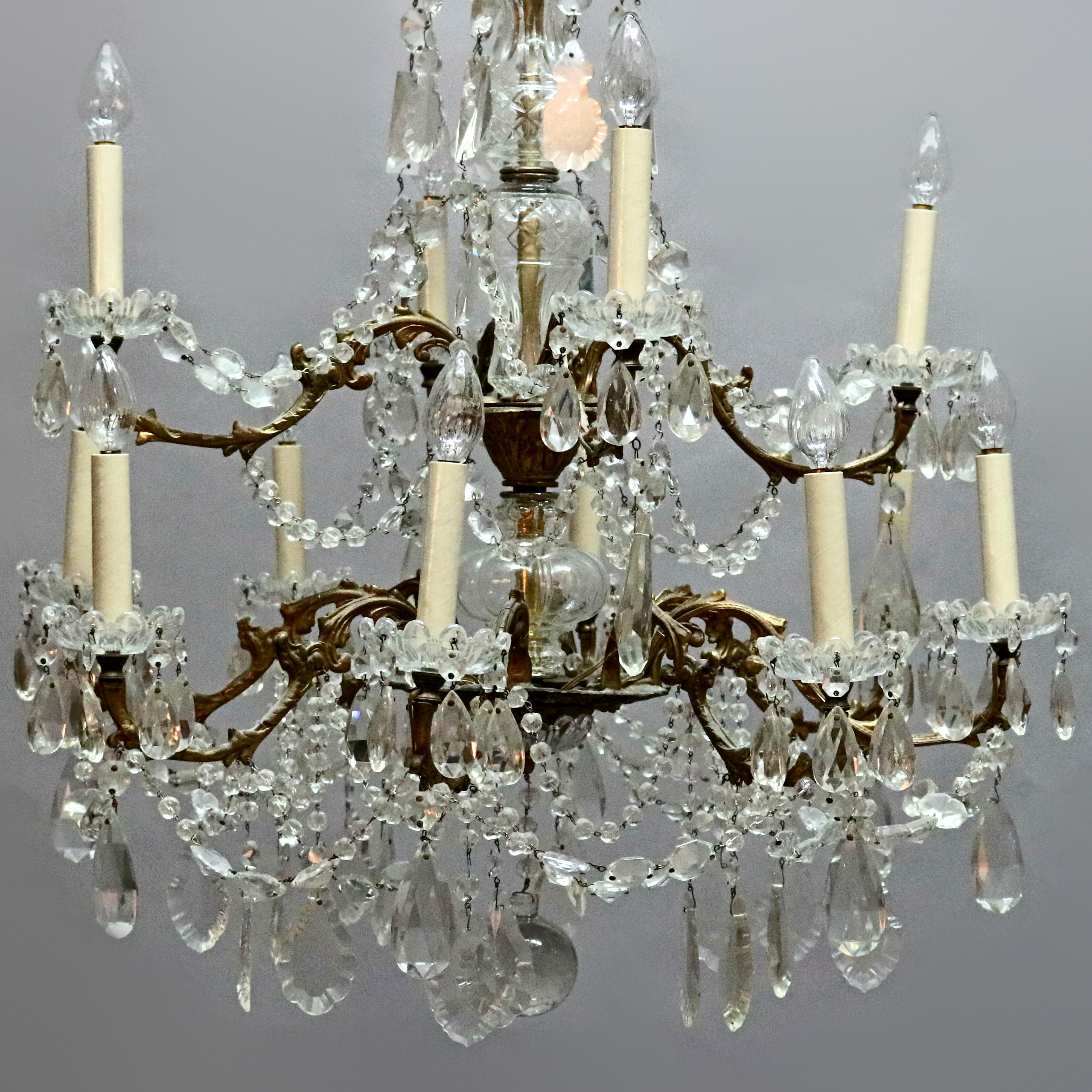 Antique French Bronze and Crystal Twelve-Light Chandelier, circa 1920 In Good Condition In Big Flats, NY