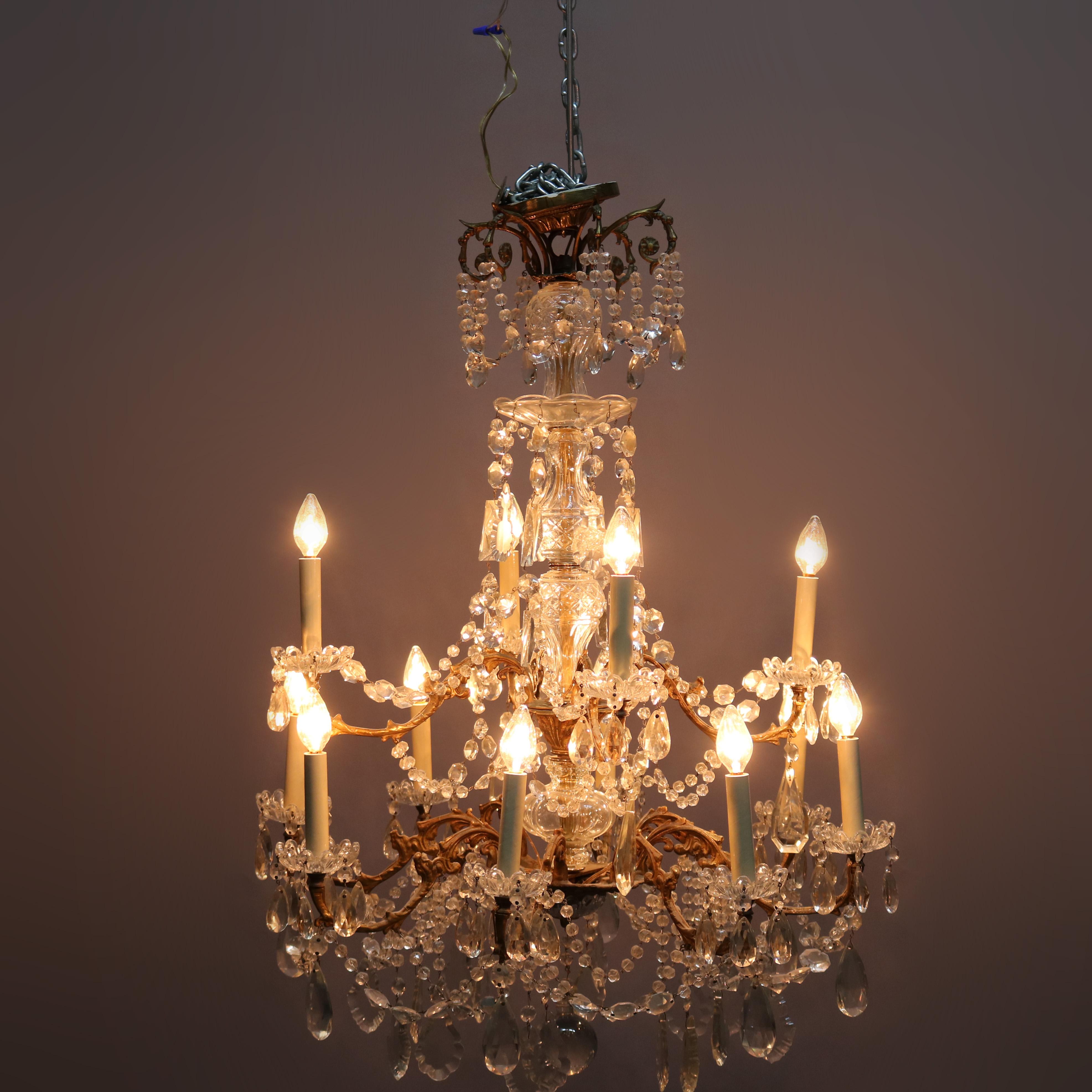 20th Century Antique French Bronze and Crystal Twelve-Light Chandelier, circa 1920