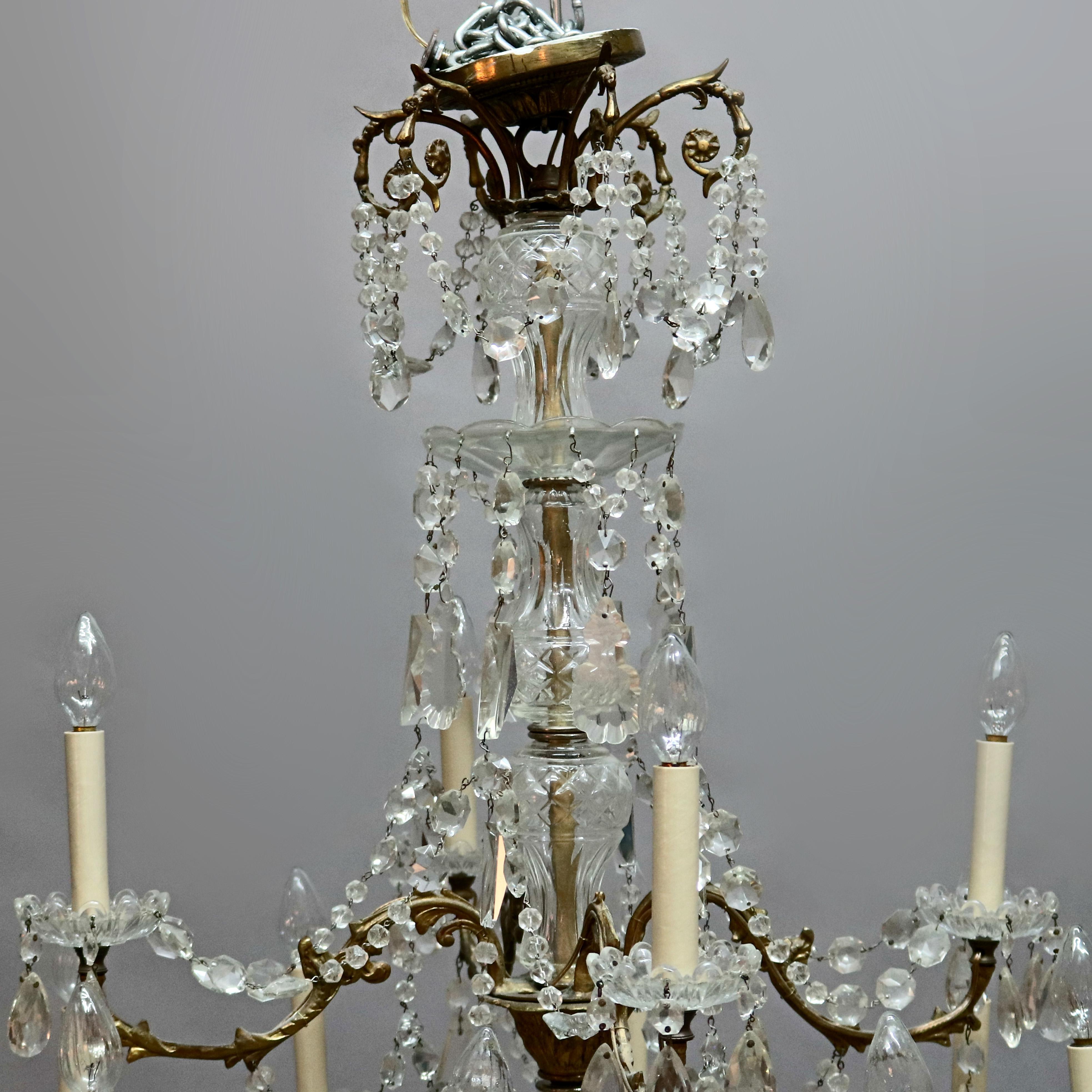 Antique French Bronze and Crystal Twelve-Light Chandelier, circa 1920 2