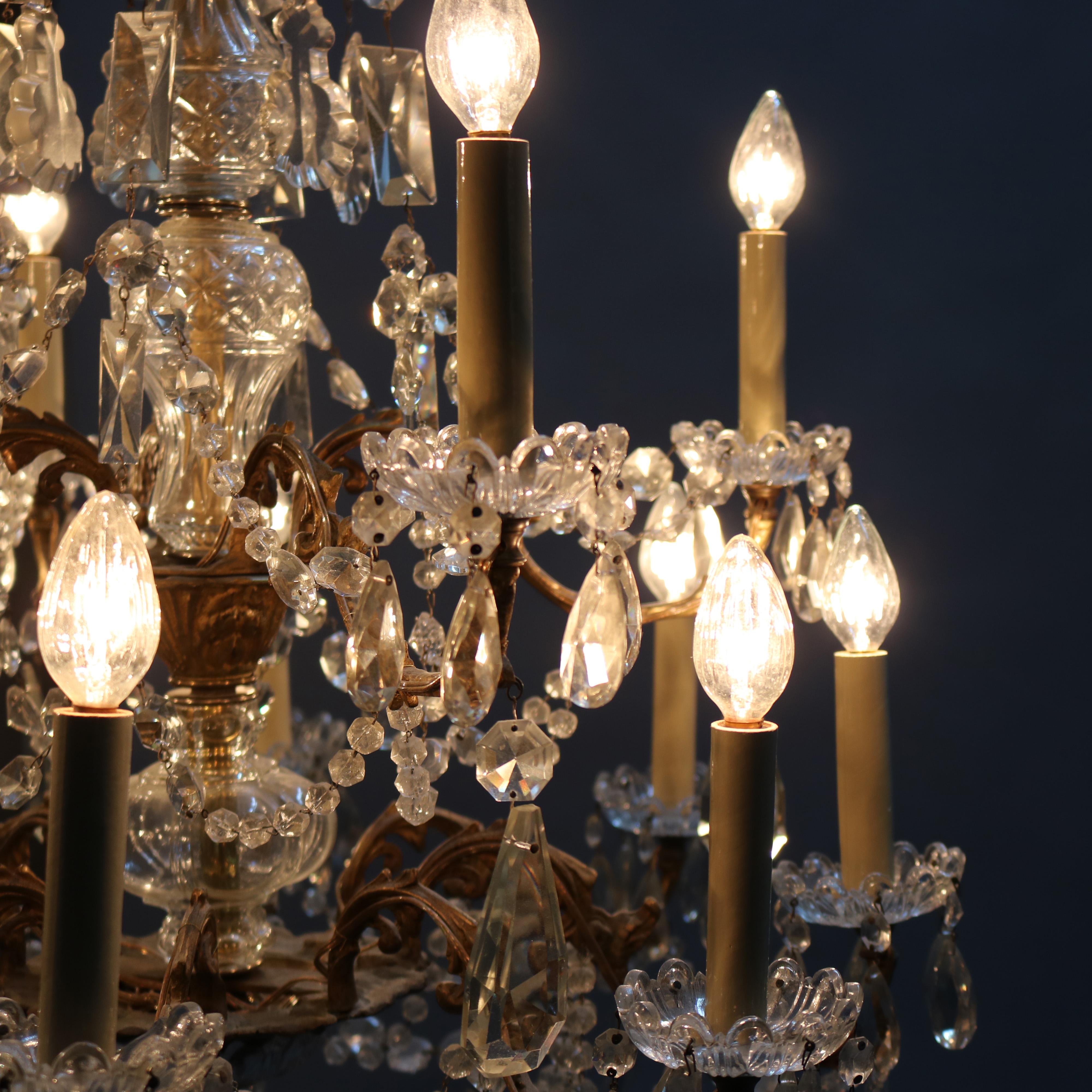 Antique French Bronze and Crystal Twelve-Light Chandelier, circa 1920 3