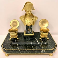 Antique French Bronze D' Oré and Green Marble Napoleon Inkstand, Circa 1880.
